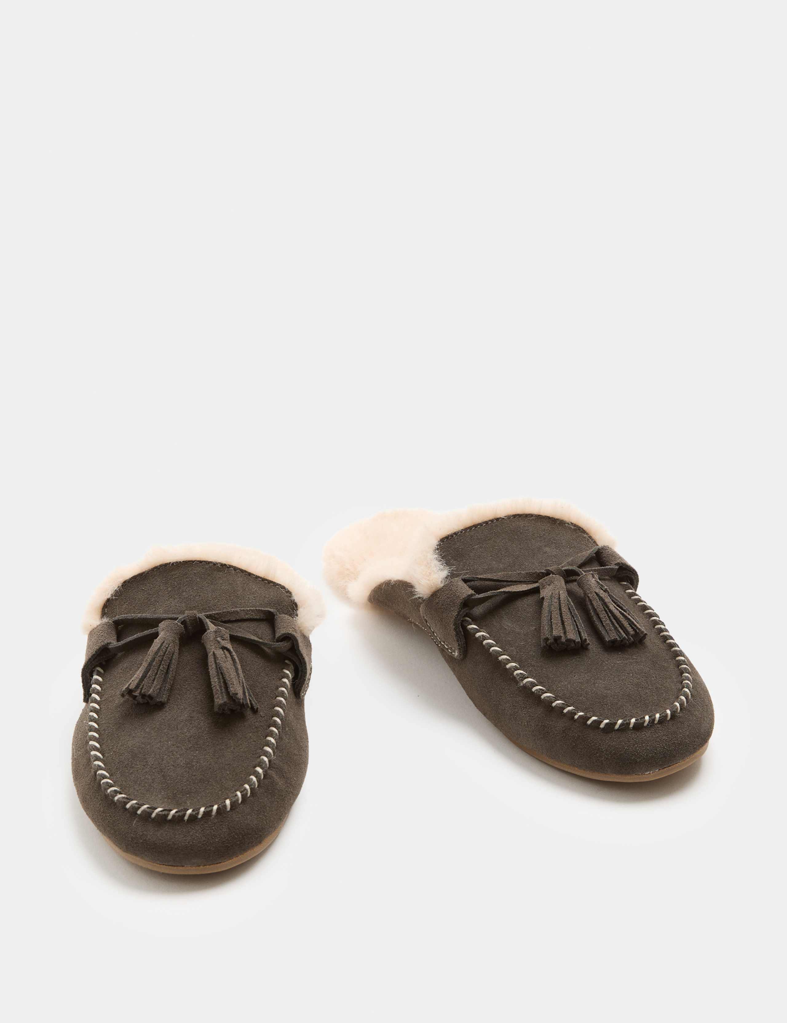 Suede Faux Fur Lined Backless Mocassin Slippers