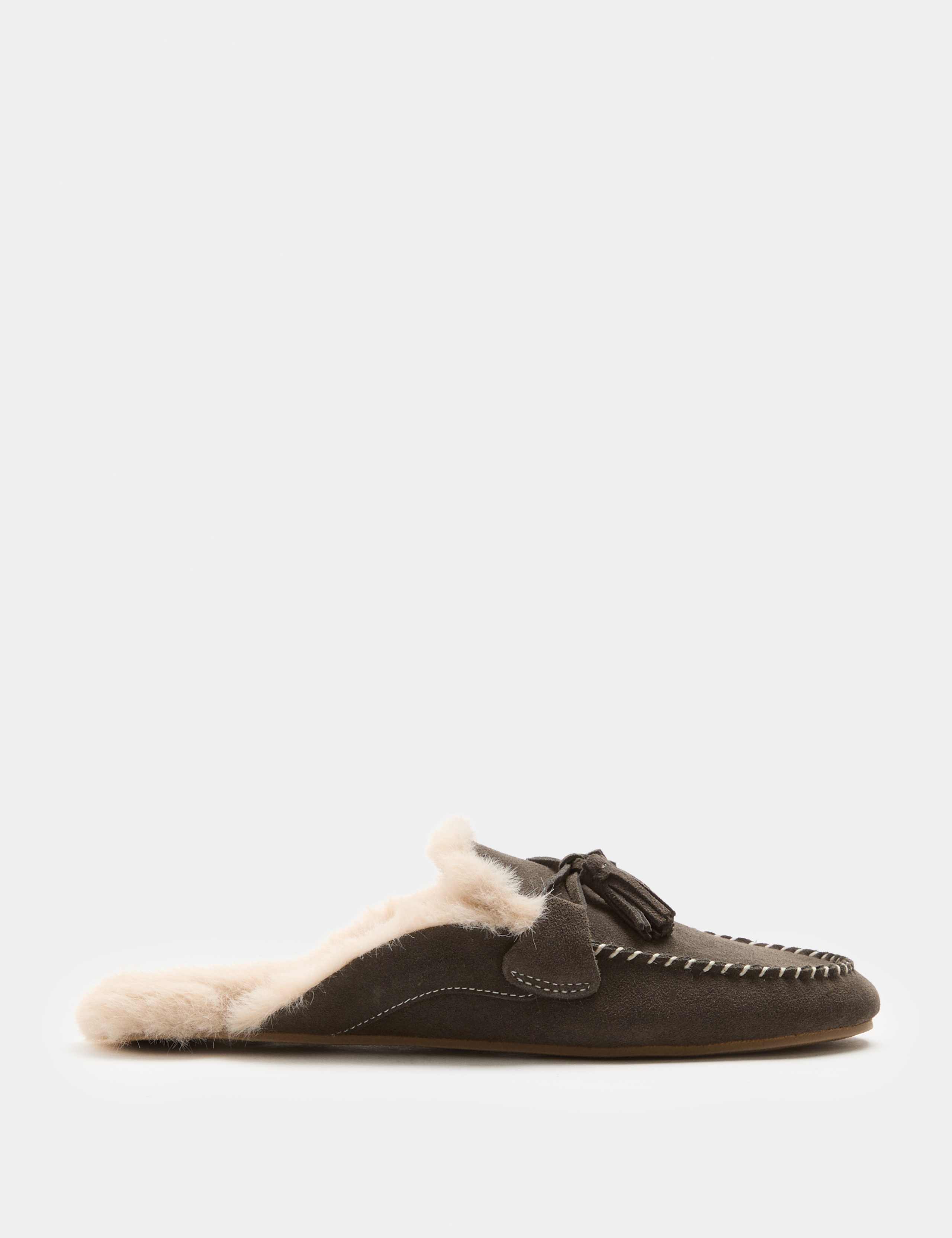 Suede Faux Fur Lined Backless Mocassin Slippers