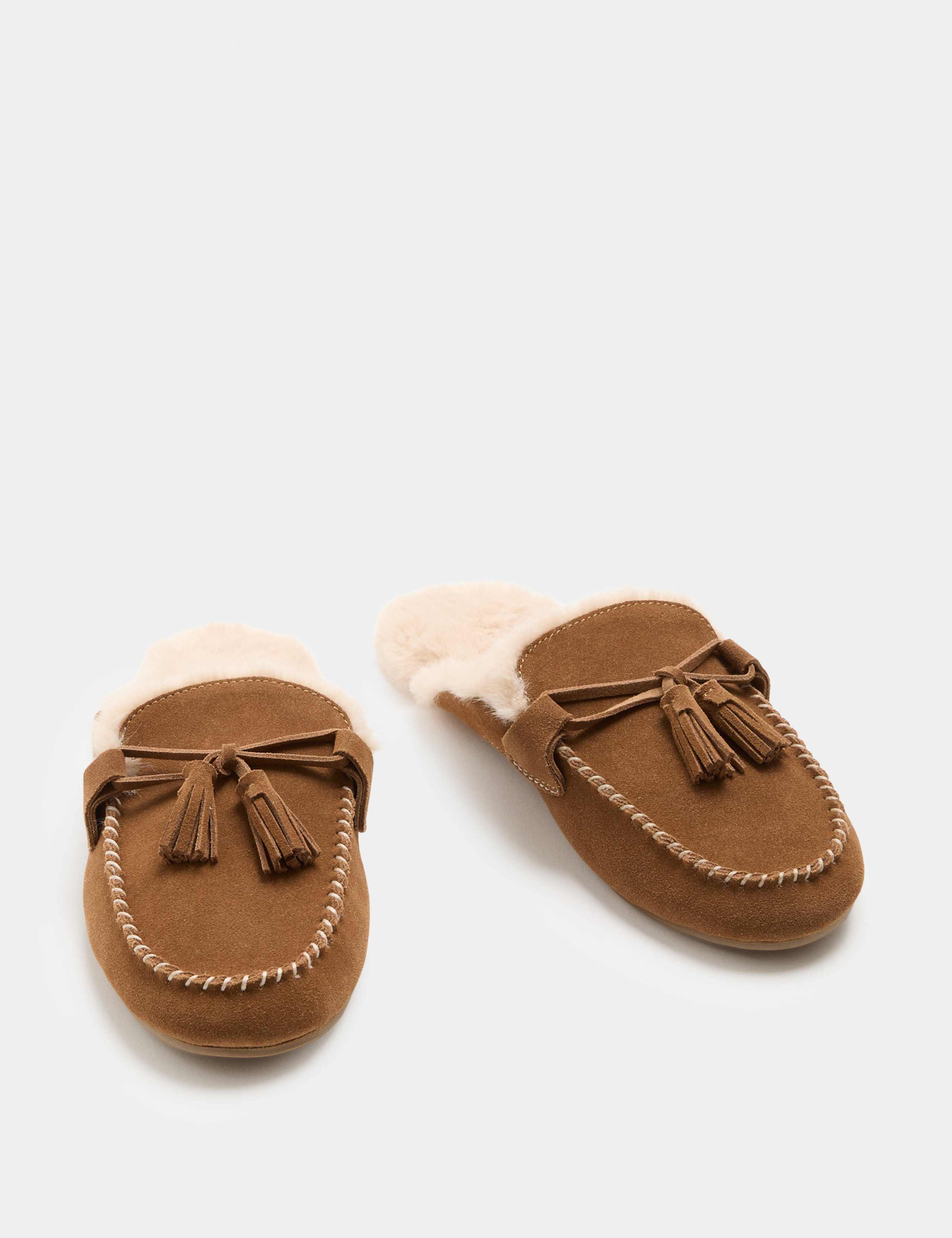 Suede Faux Fur Lined Backless Mocassin Slippers
