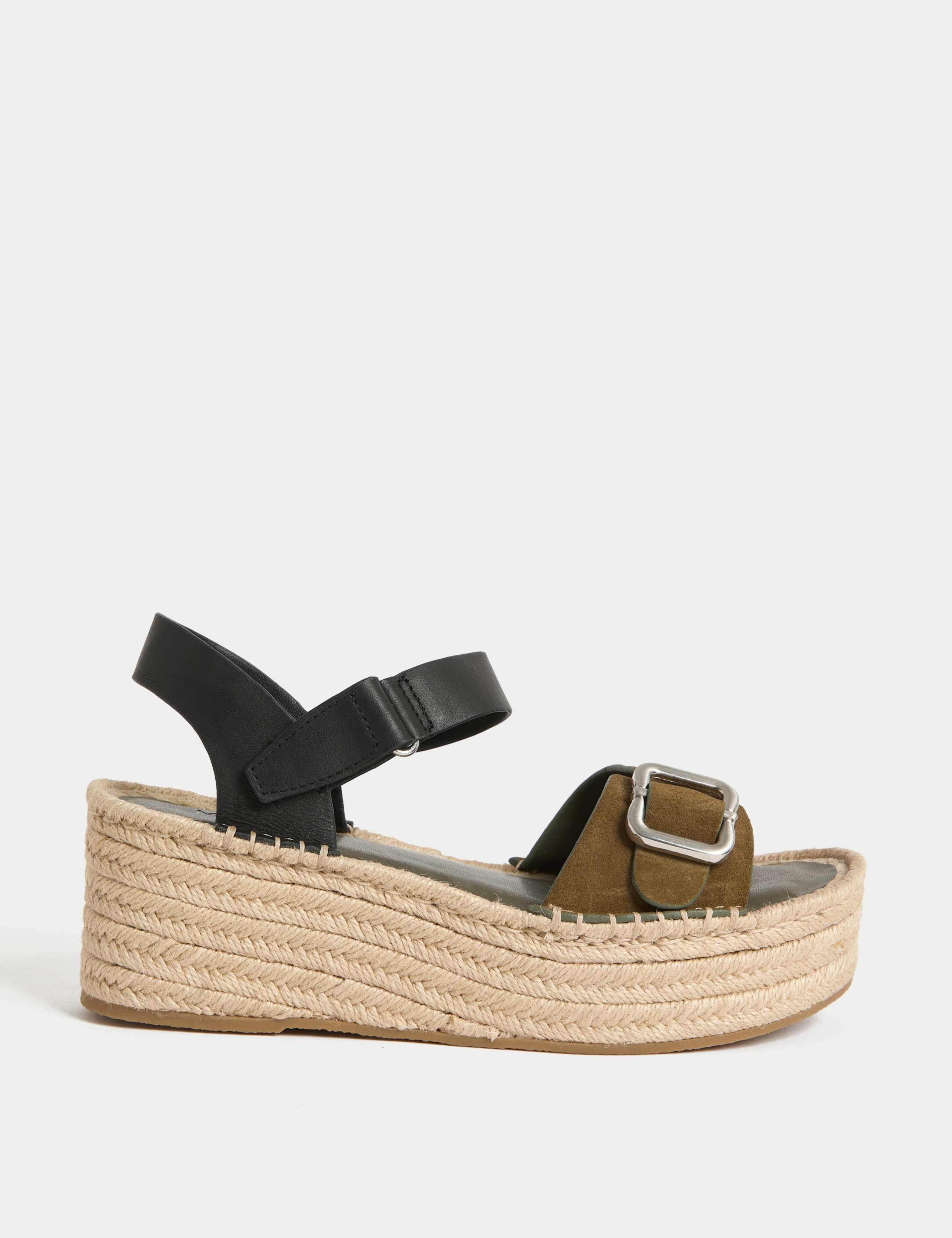 Leather Buckle Flatform Espadrilles