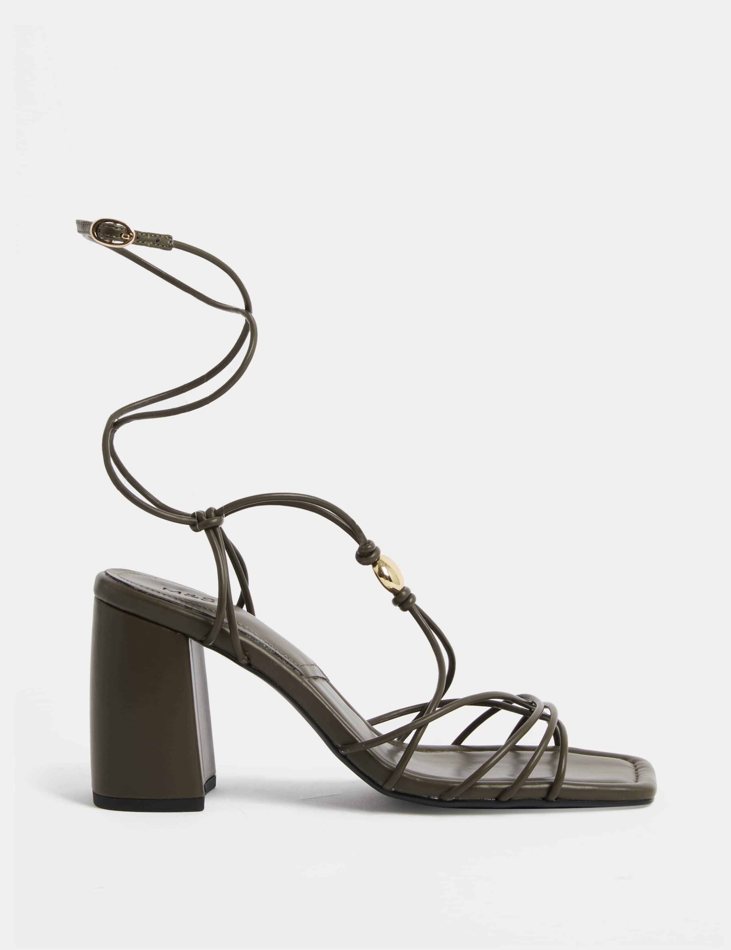 Beaded Trim Buckle Strappy Block Heel Sandals