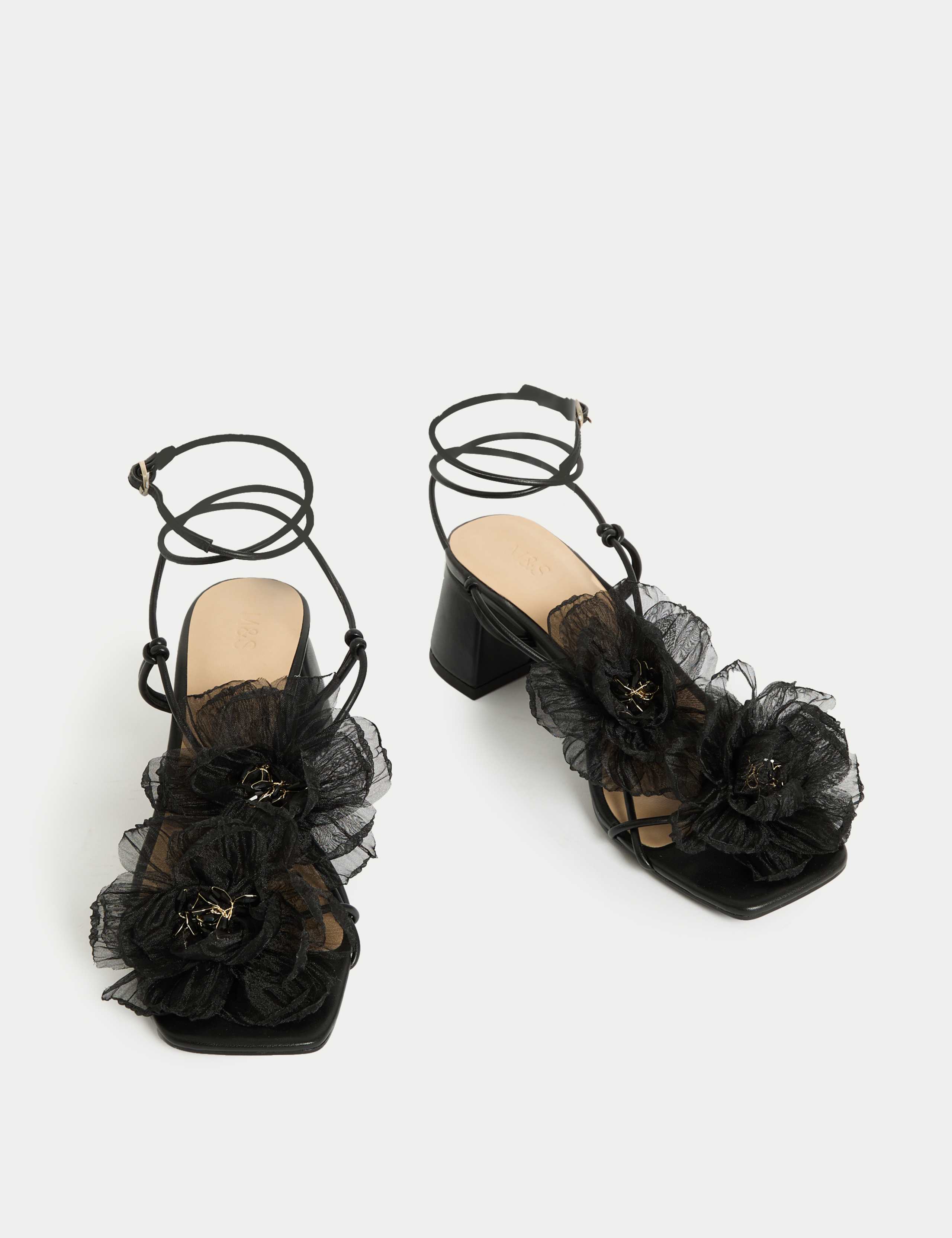 Organza Flower Corsage Block Heel Sandals