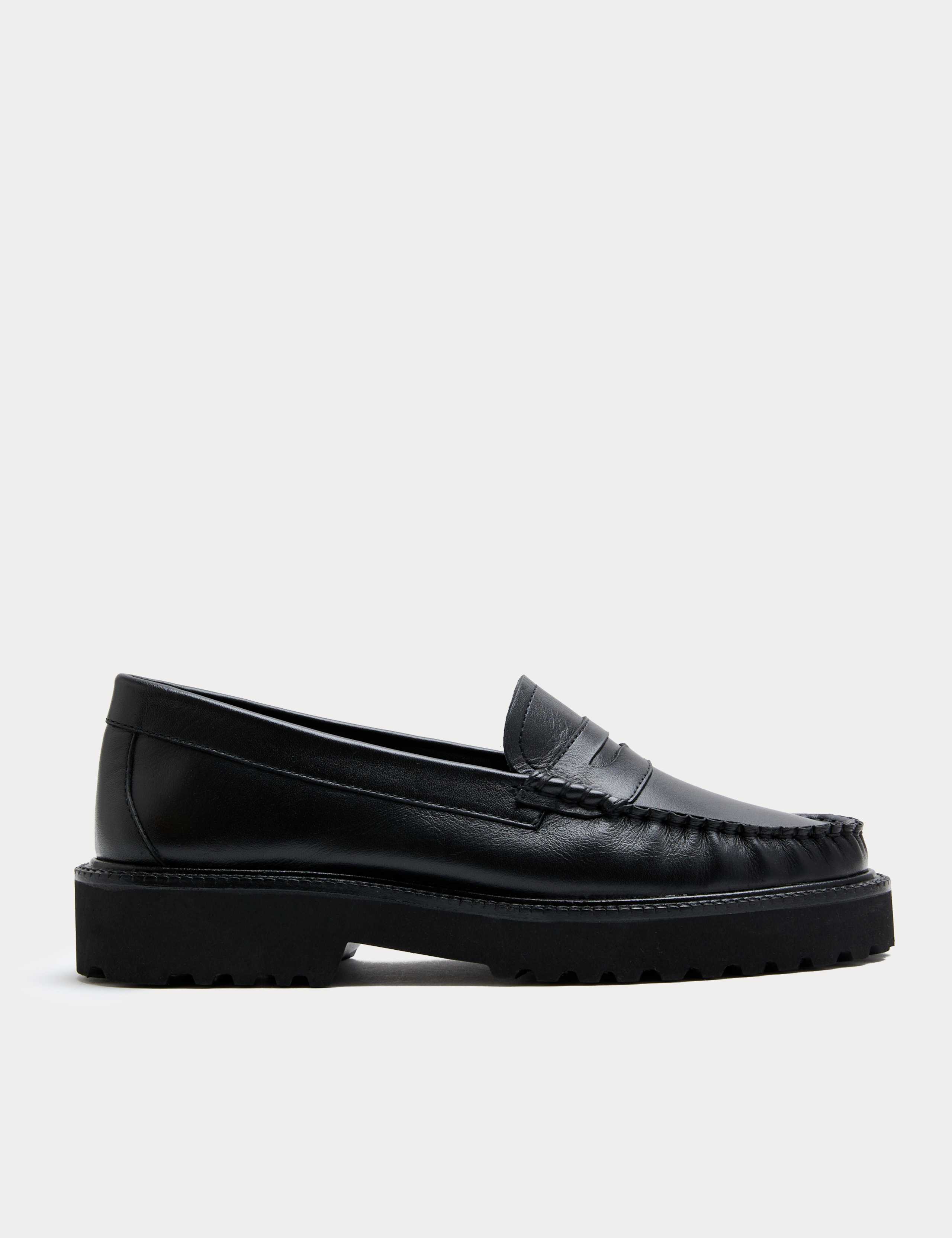 Leather Chunky Block Heel Loafers