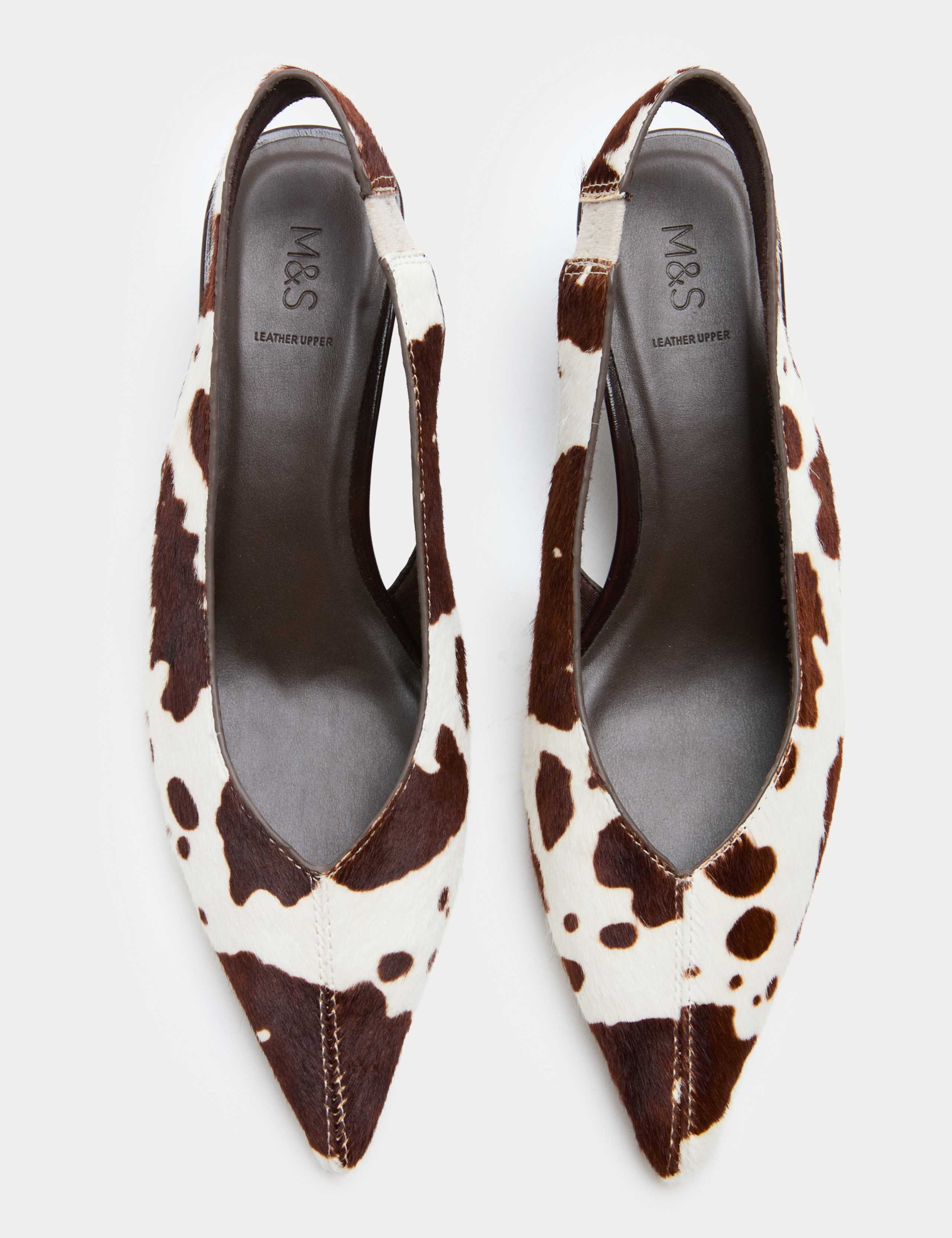 Leather Hair On Animal Print Wedge Pointed Slingback Shoes