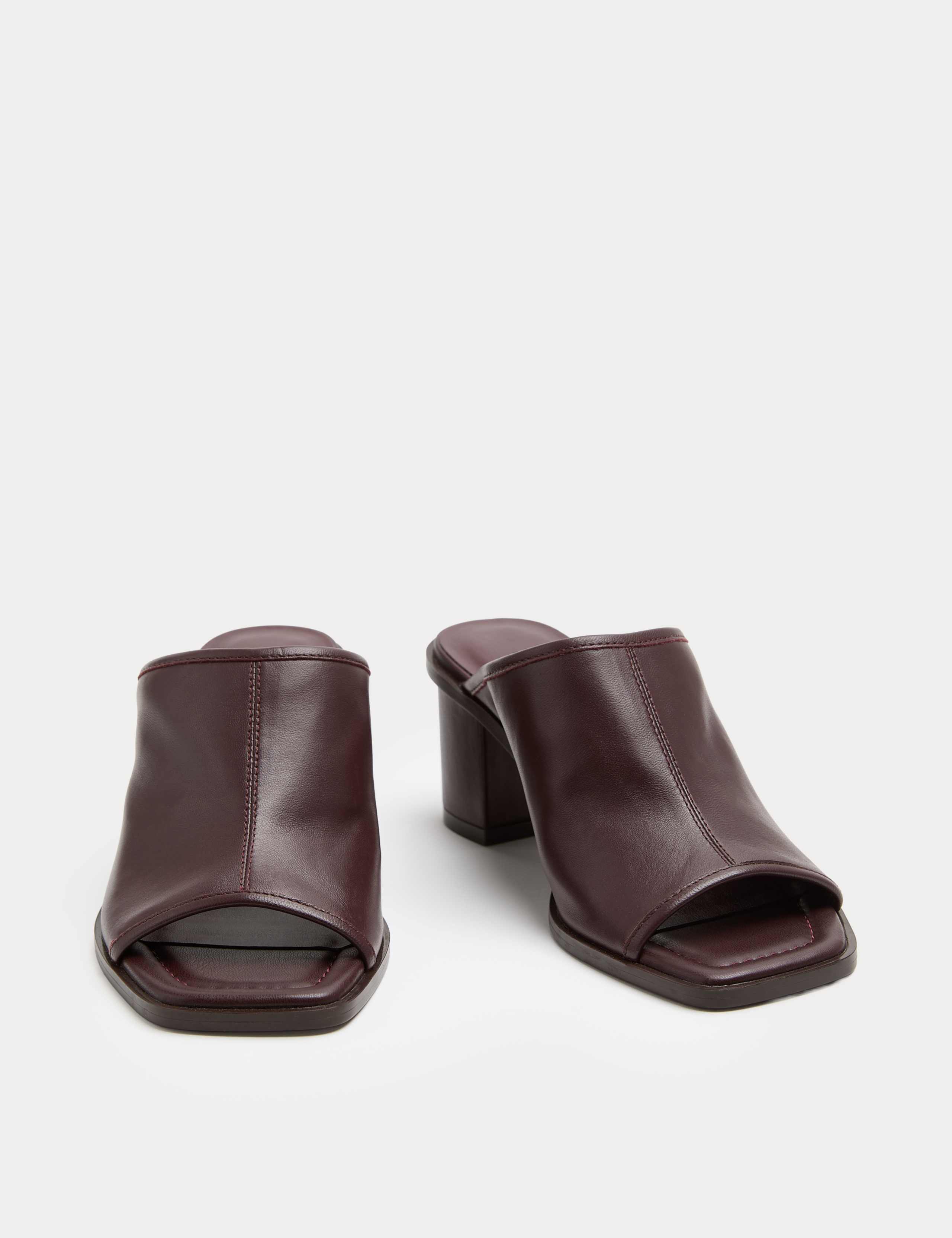 Leather Block Heel Peep Toe Mules