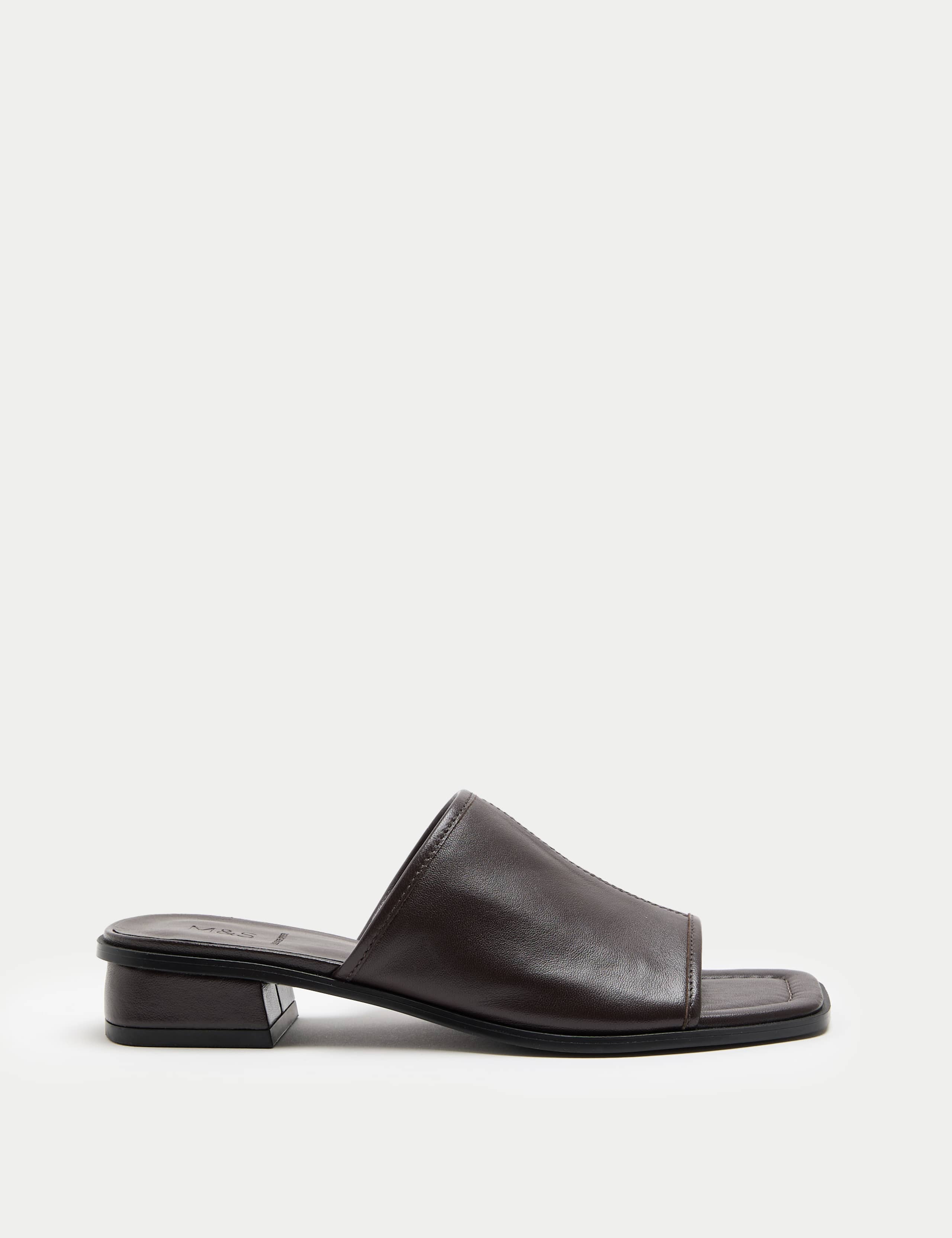 Leather Block Heel Peep Toe Mules