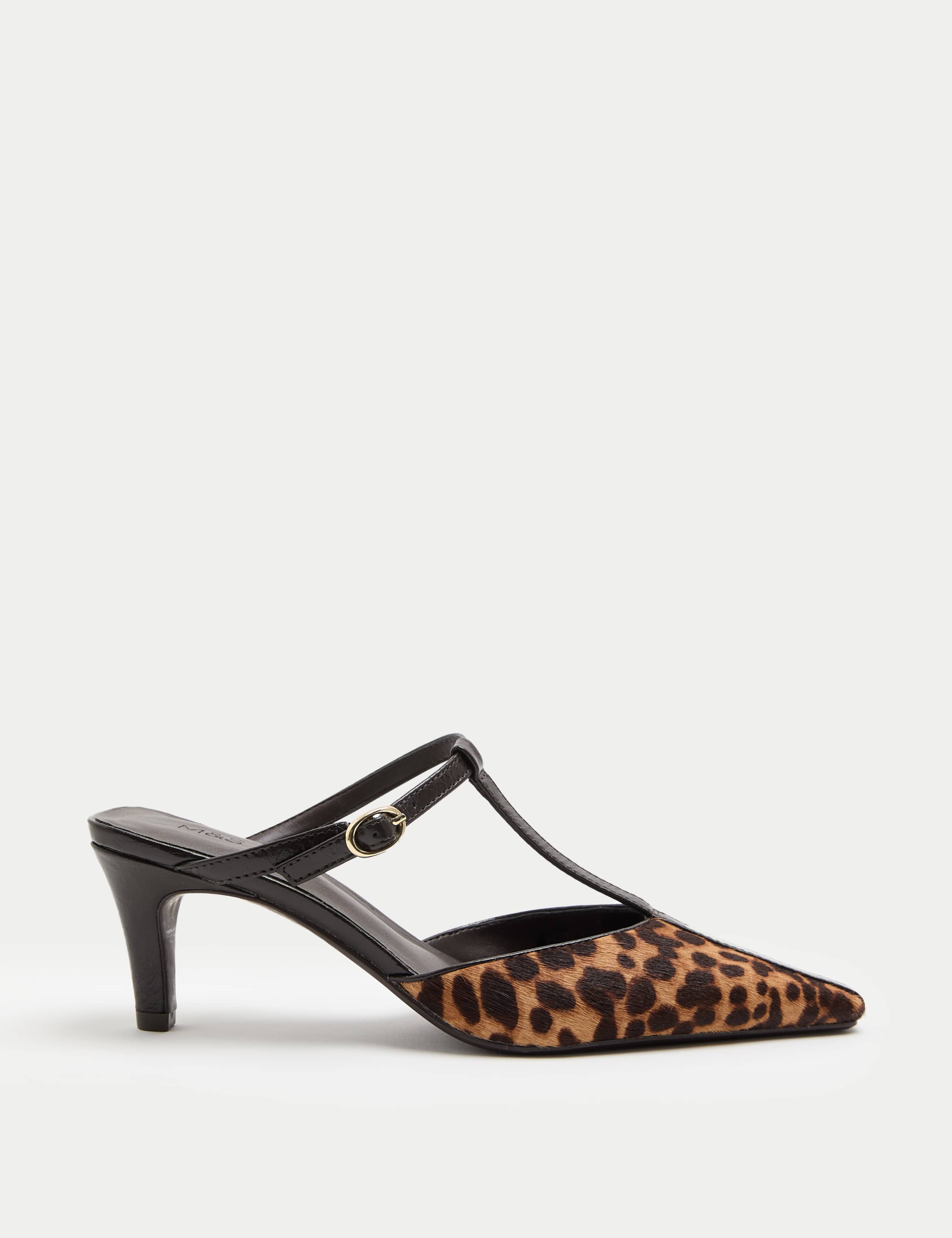 Hair On Leopard Print T-Bar Kitten Heel Mules