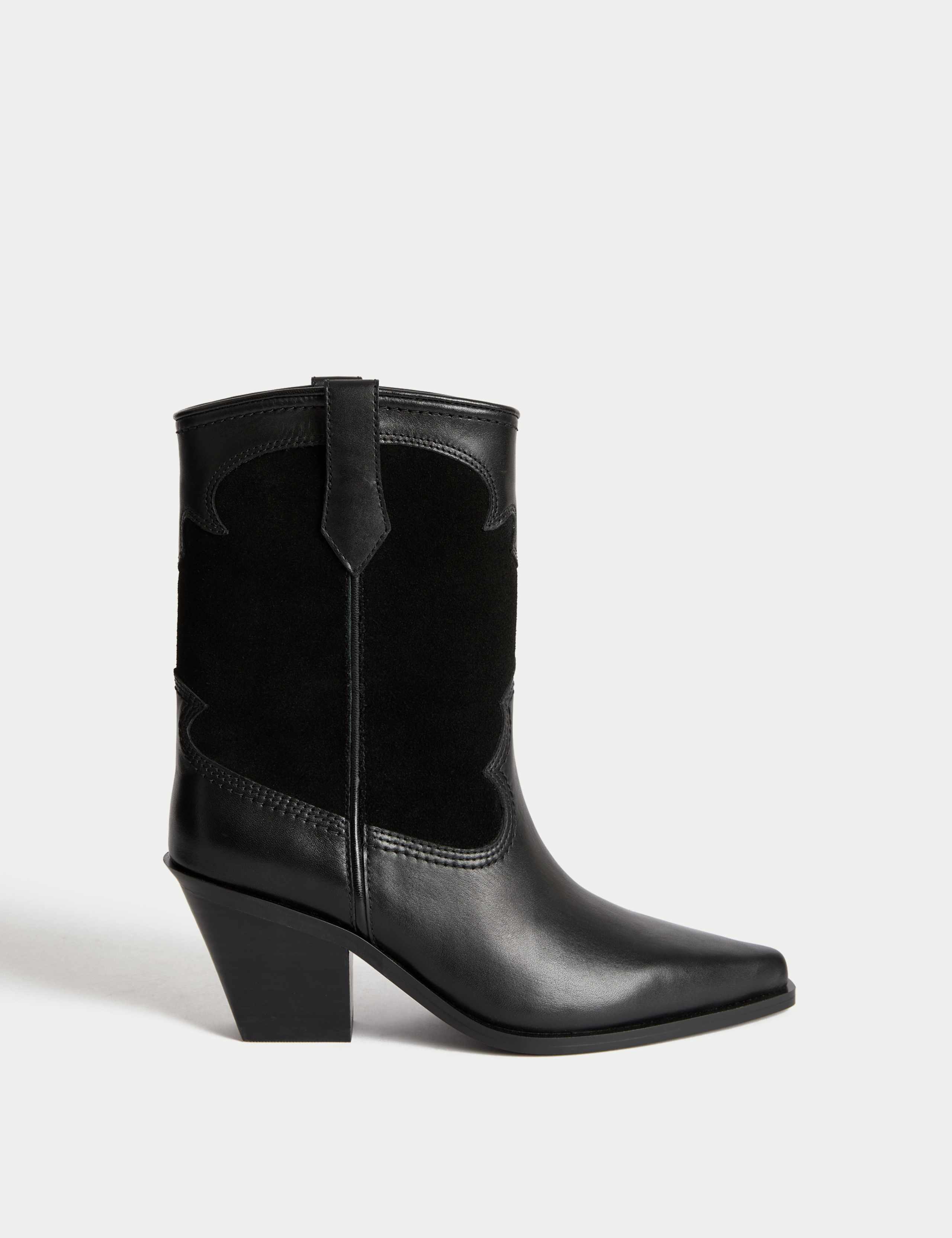 Leather Cowboy Block Heel Ankle Boots