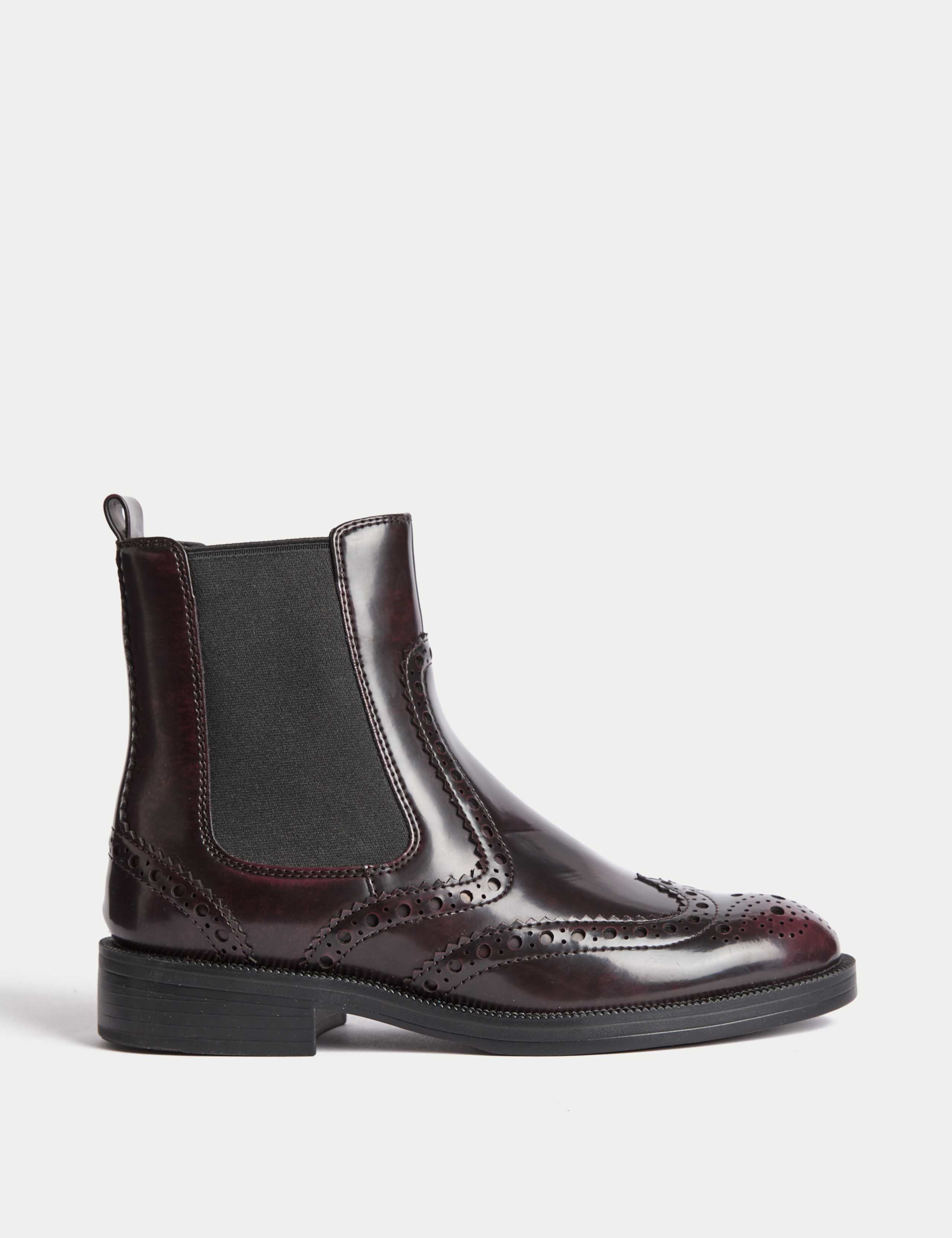Leather Chelsea Brogue Detail Block Heel Ankle Boots