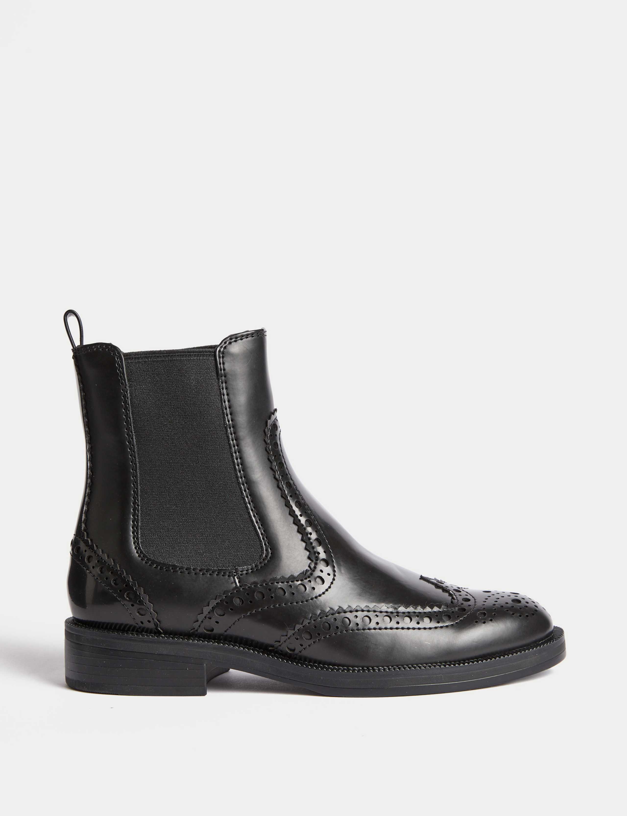 Leather Chelsea Brogue Detail Block Heel Ankle Boots