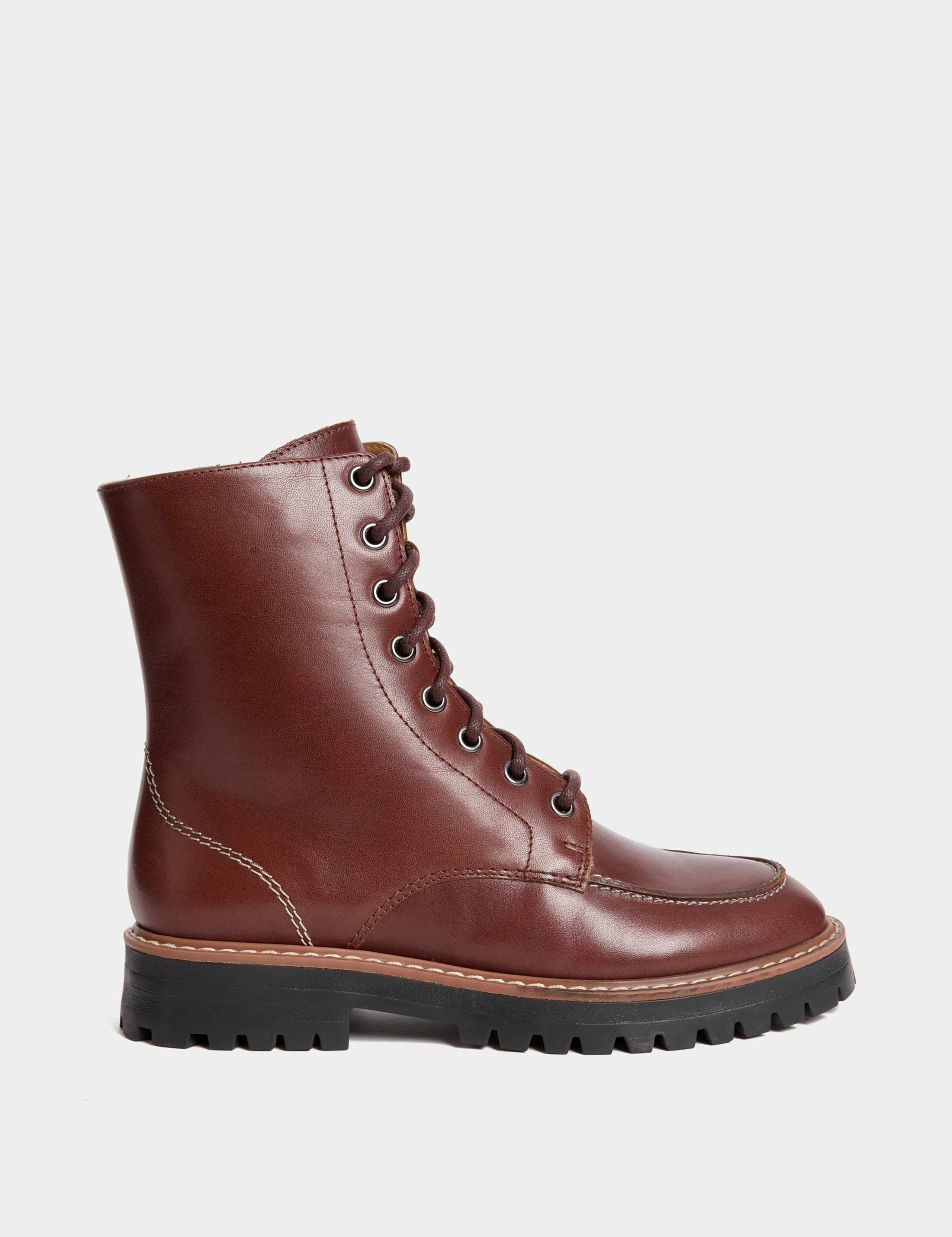 Leather Lace Up Cleated Sole Block Heel Ankle Boots