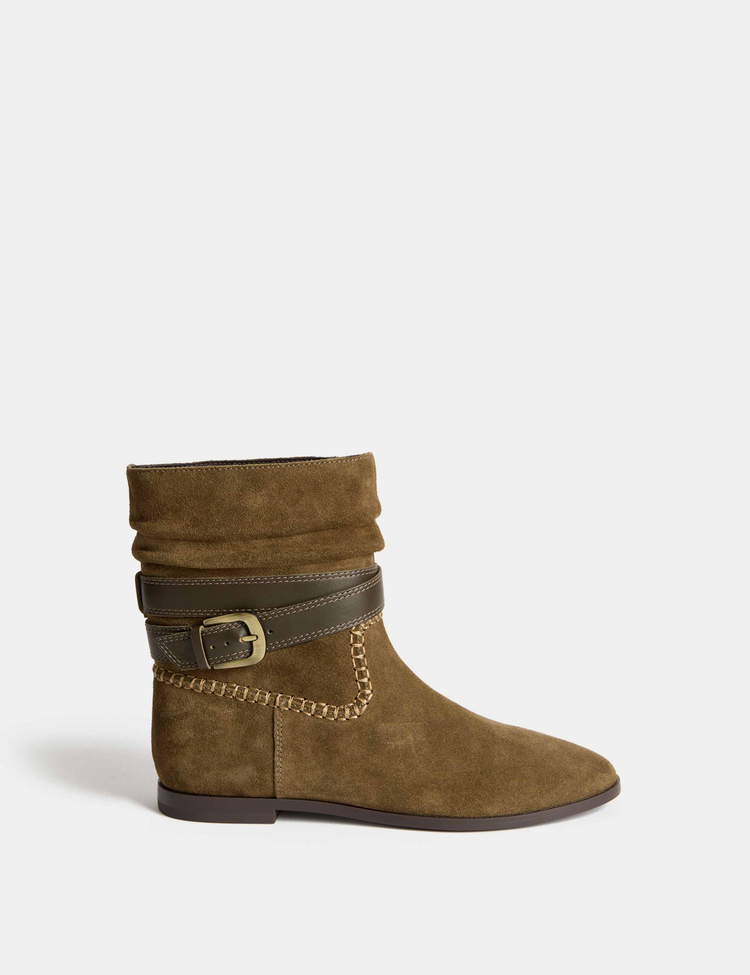 Suede Ruched Flat Ankle Boots