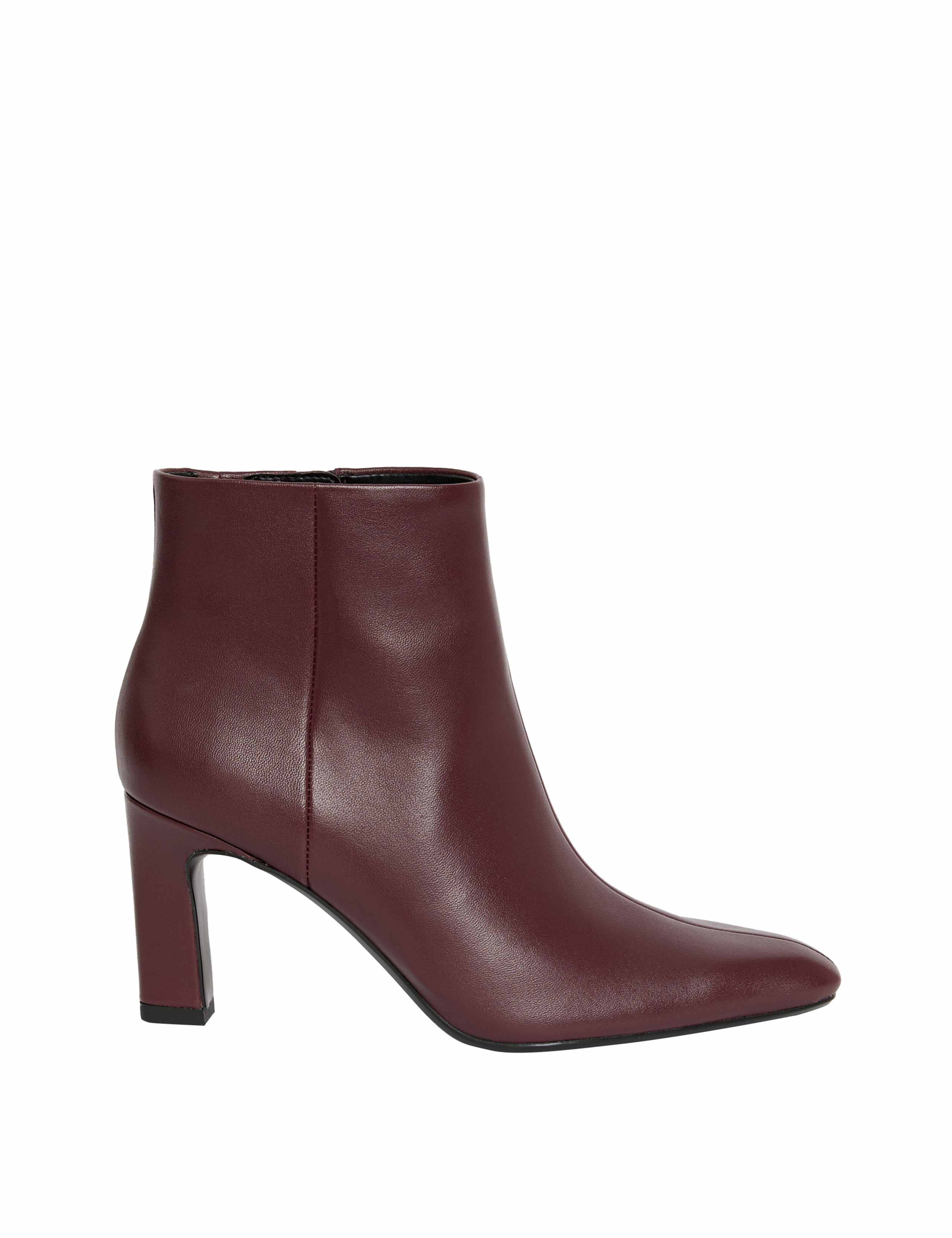 Leather Block Heel Pointed Ankle Boots