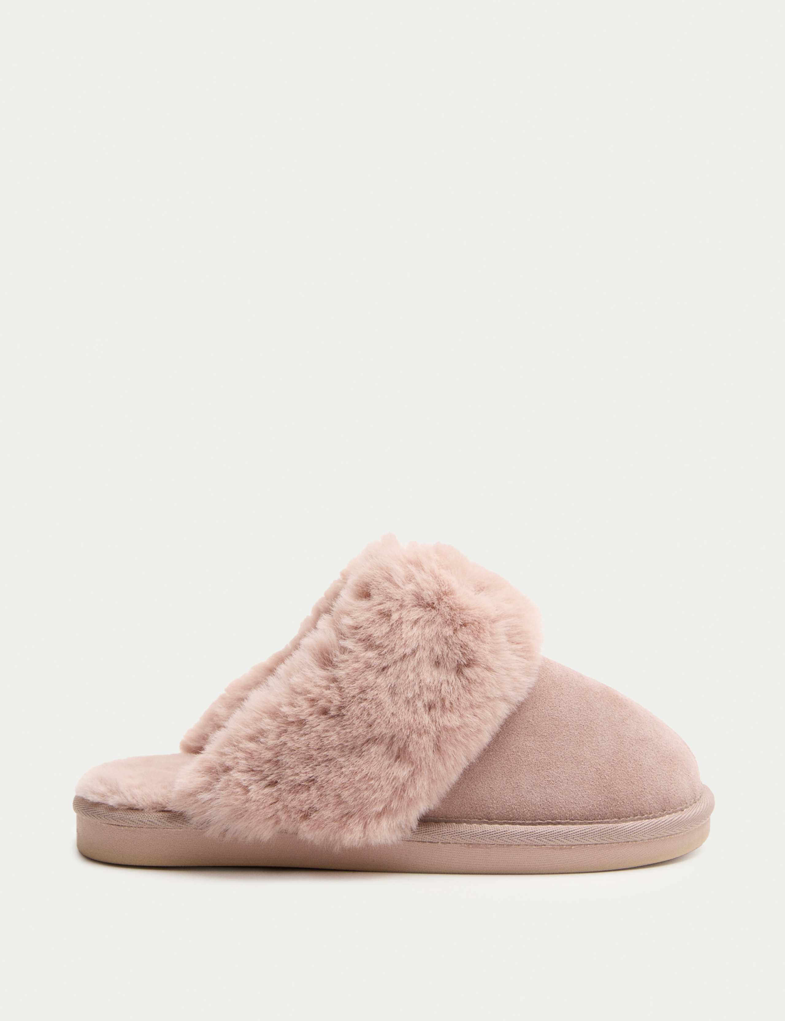 Suede Faux Fur Trim Mule Slippers