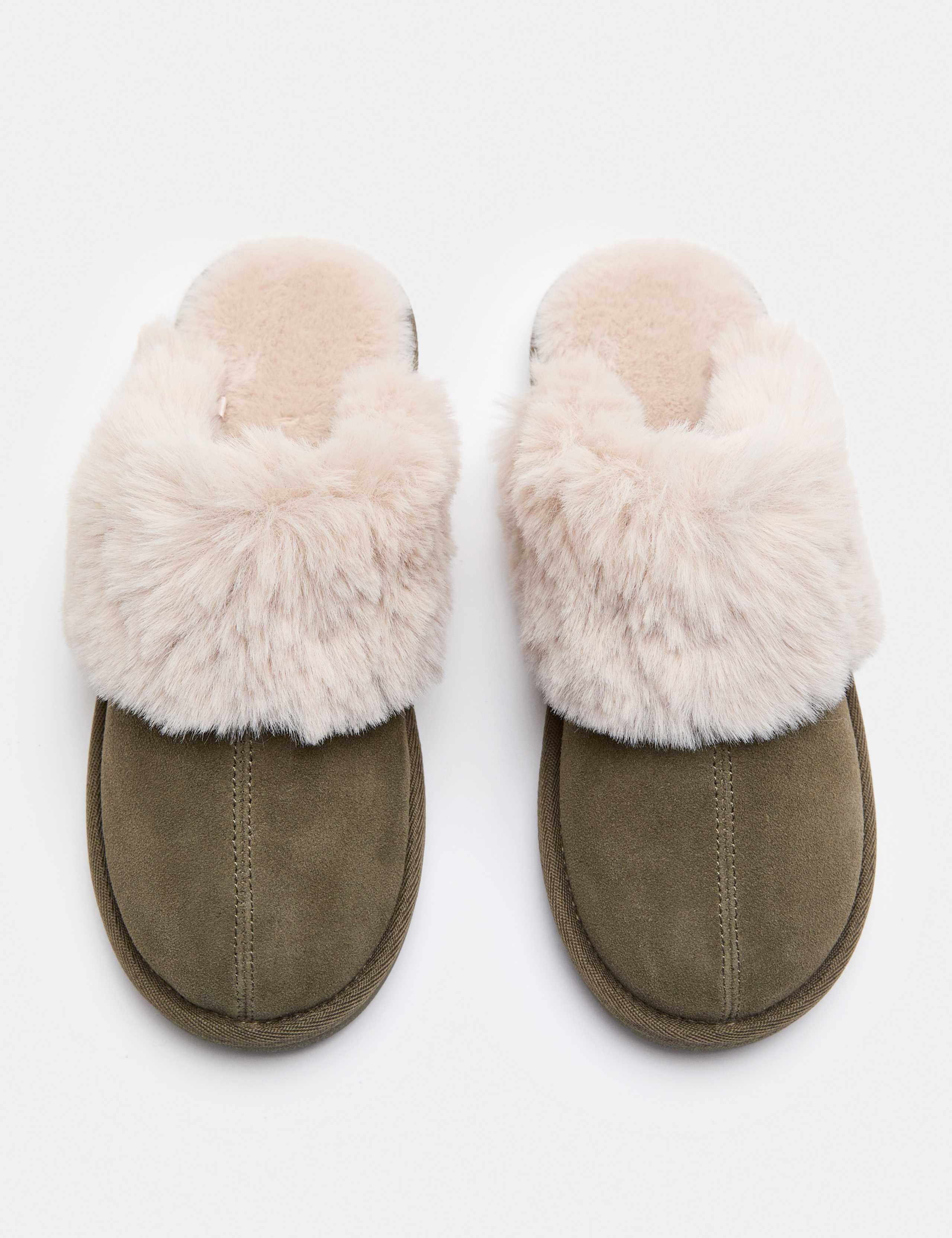 Suede Faux Fur Trim Mule Slippers