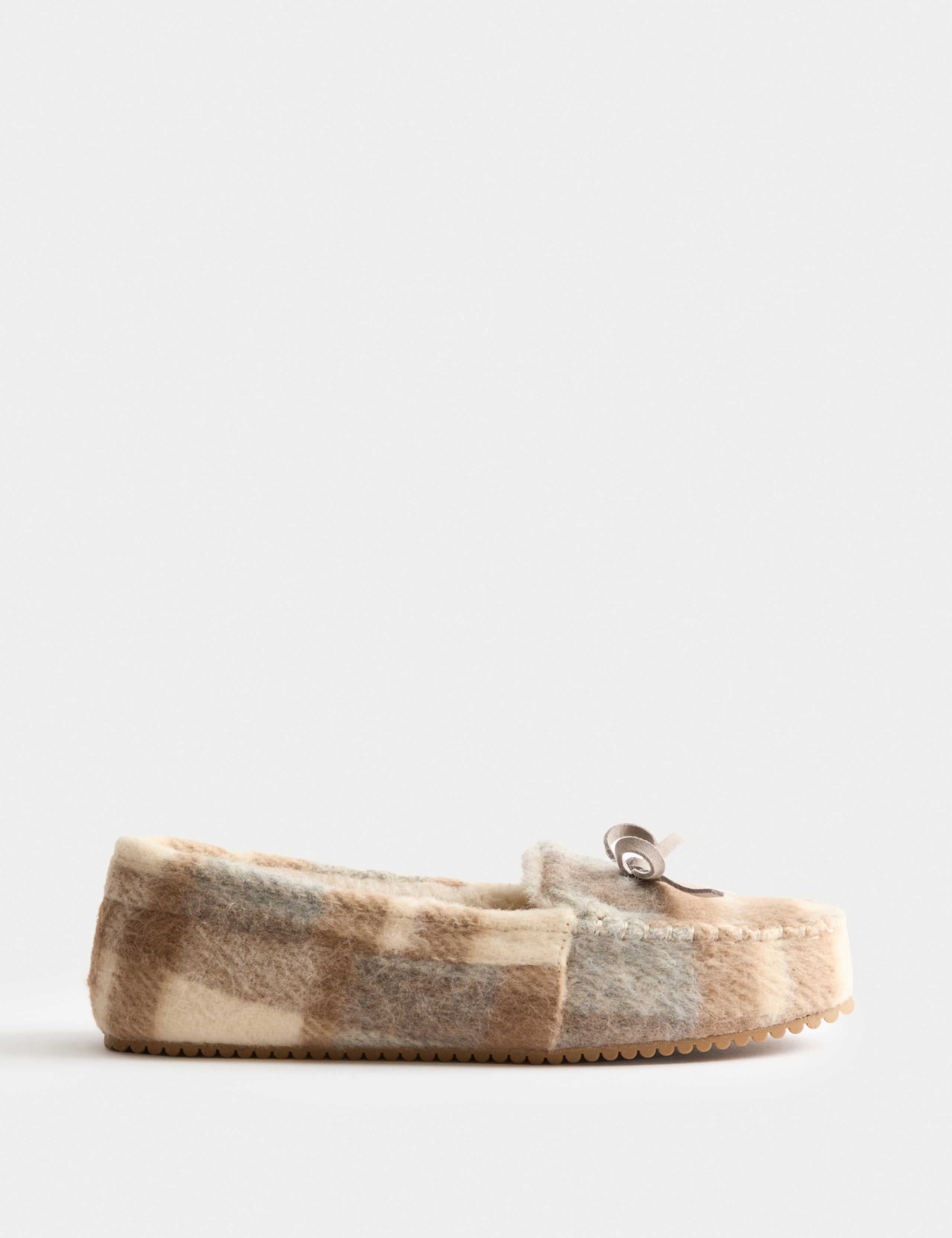 Checked Bow Round Toe Moccasin Slippers