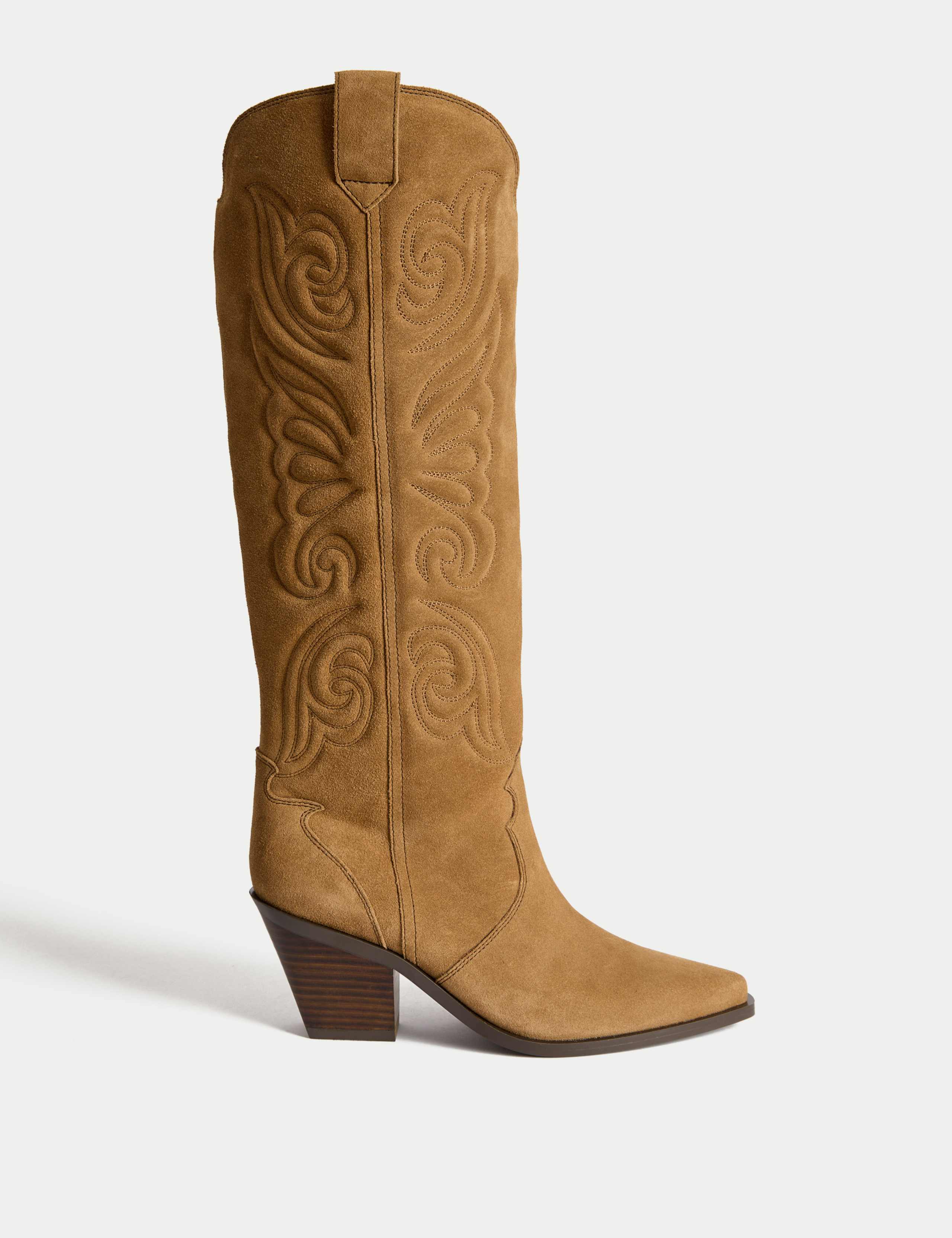 Suede Cowboy Embroidered Knee High Boots