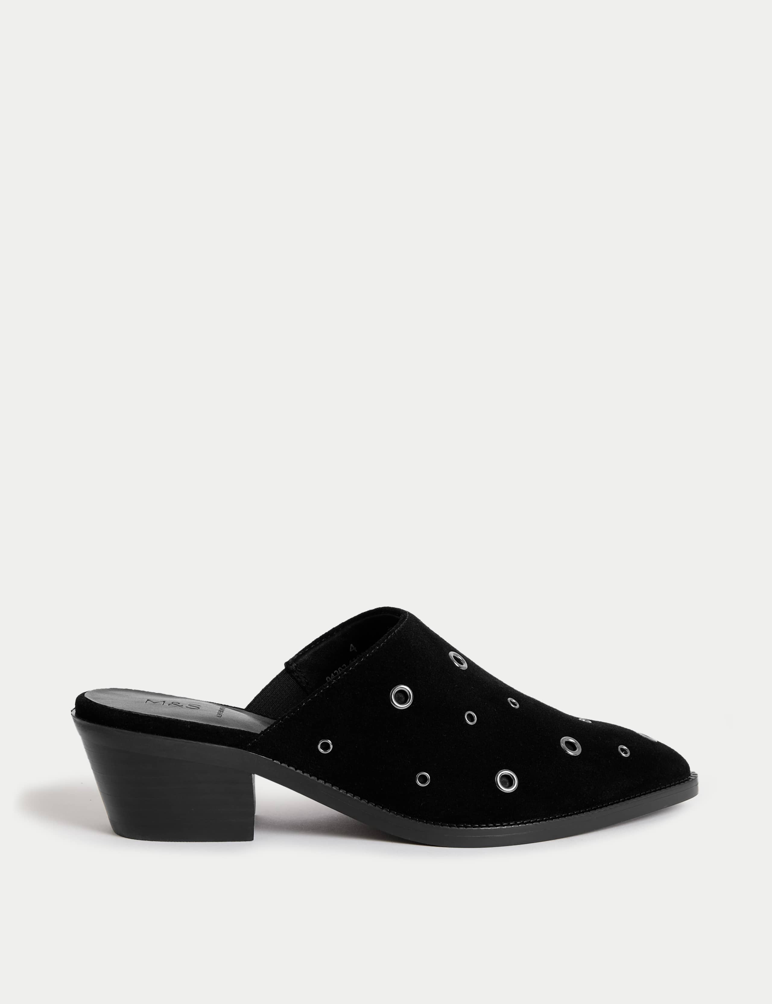 Suede Eyelet Block Heel Muels