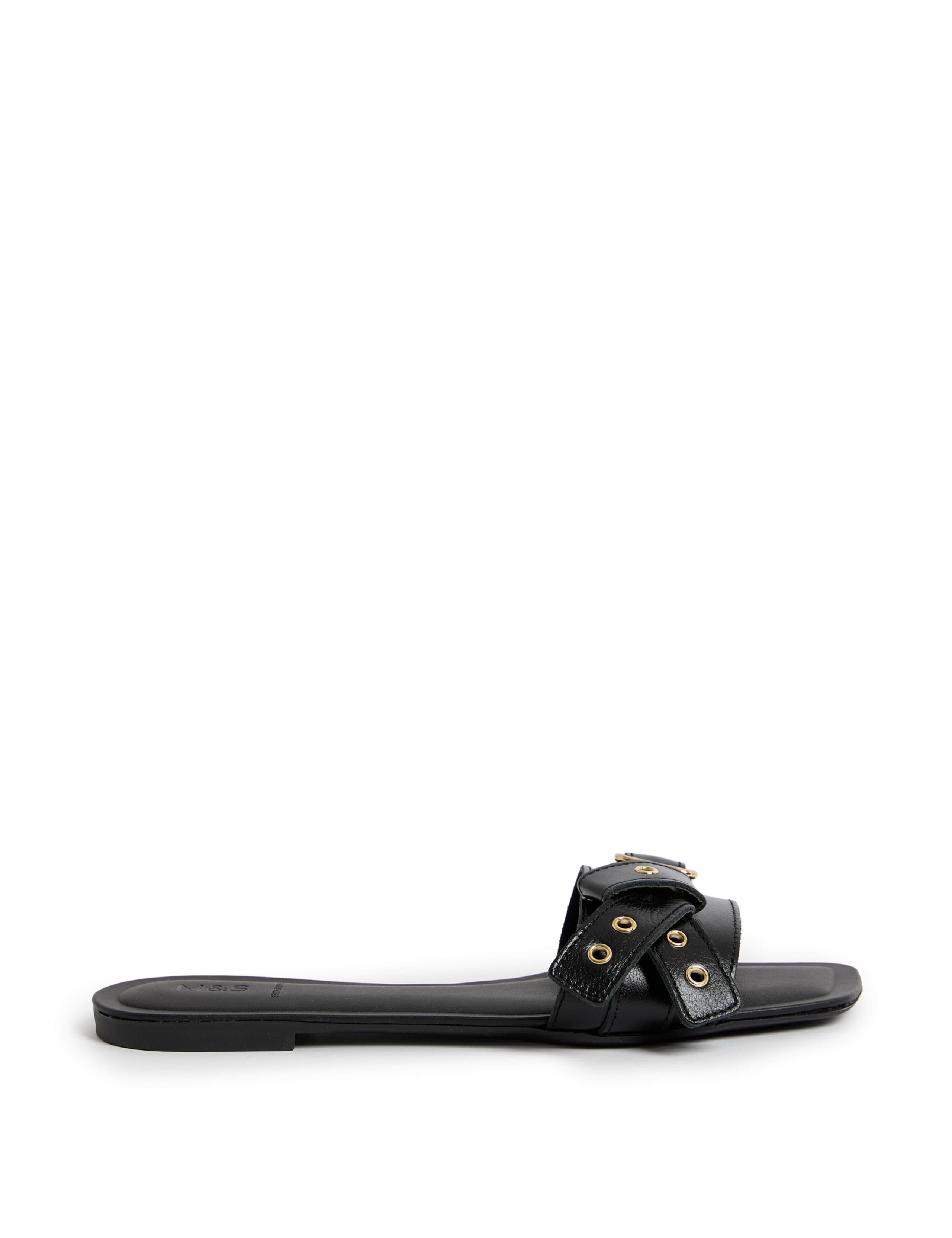 Leather Buckle Flat Mule Sandals
