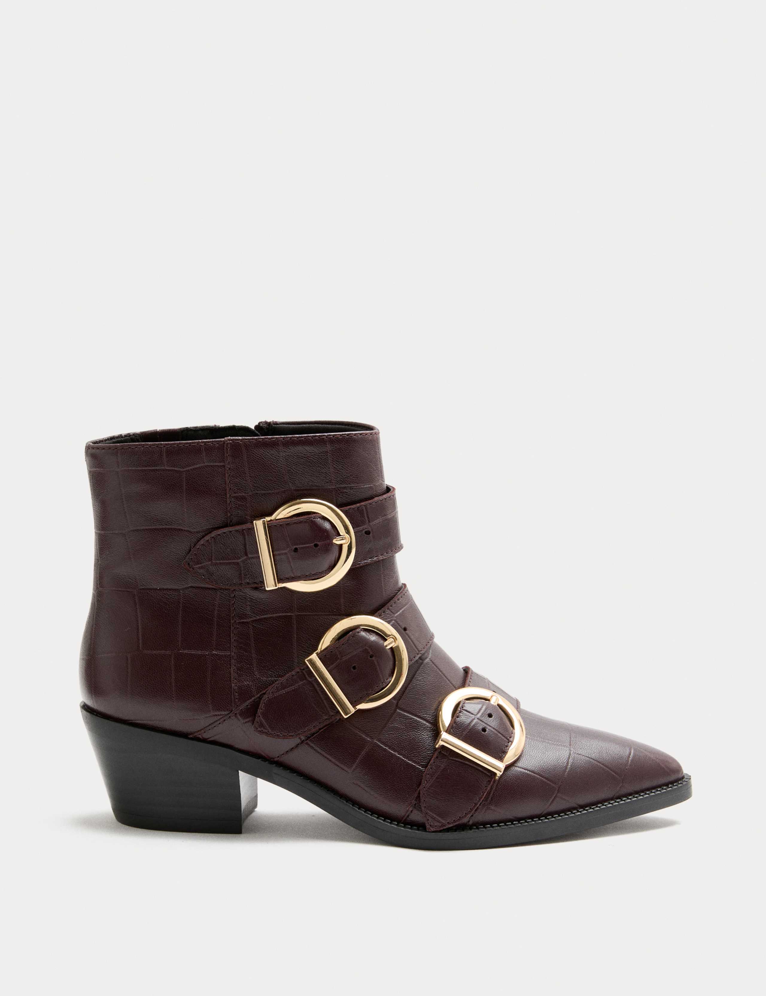 Leather Croc Buckle Block Heel Ankle Boots