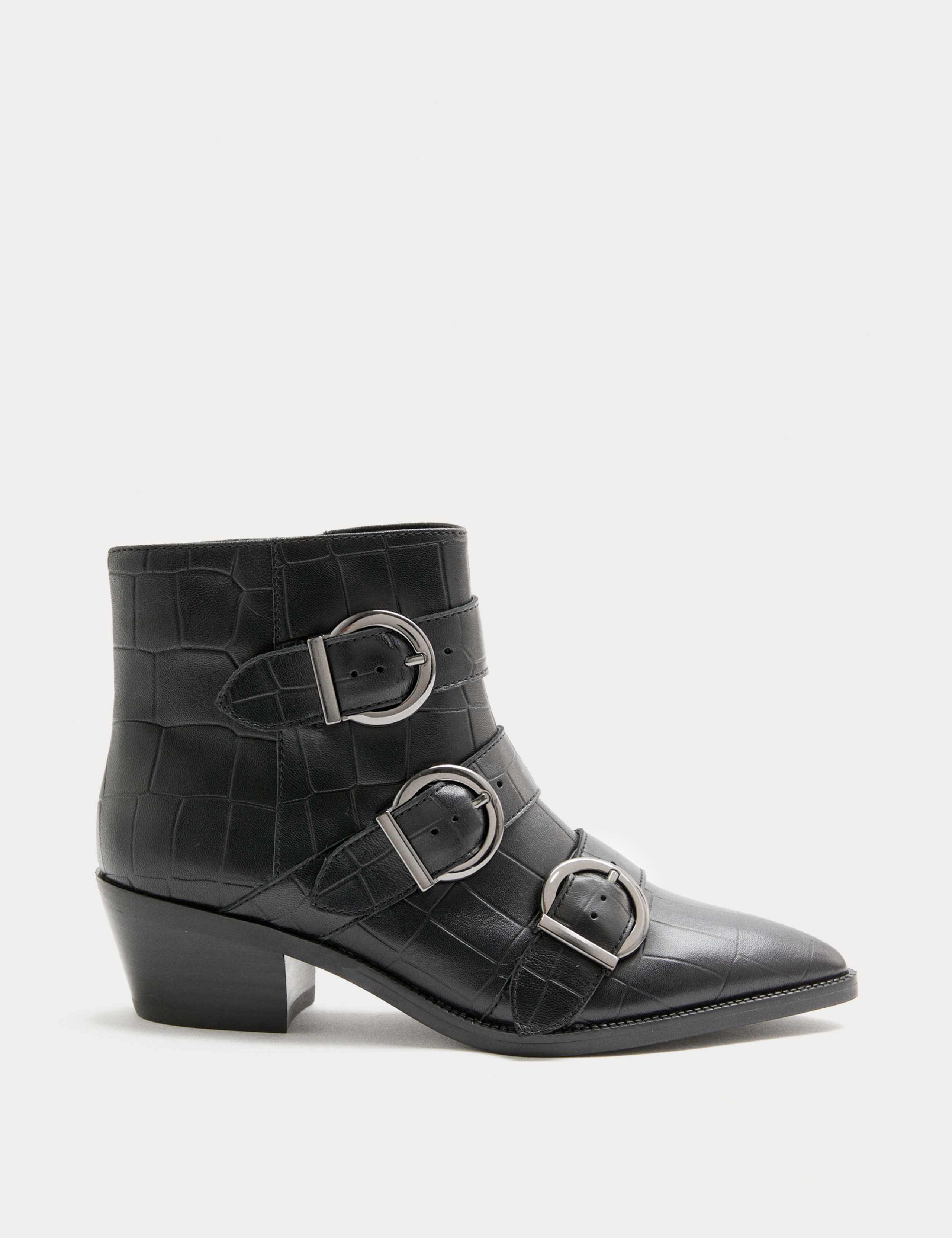 Leather Croc Buckle Block Heel Ankle Boots
