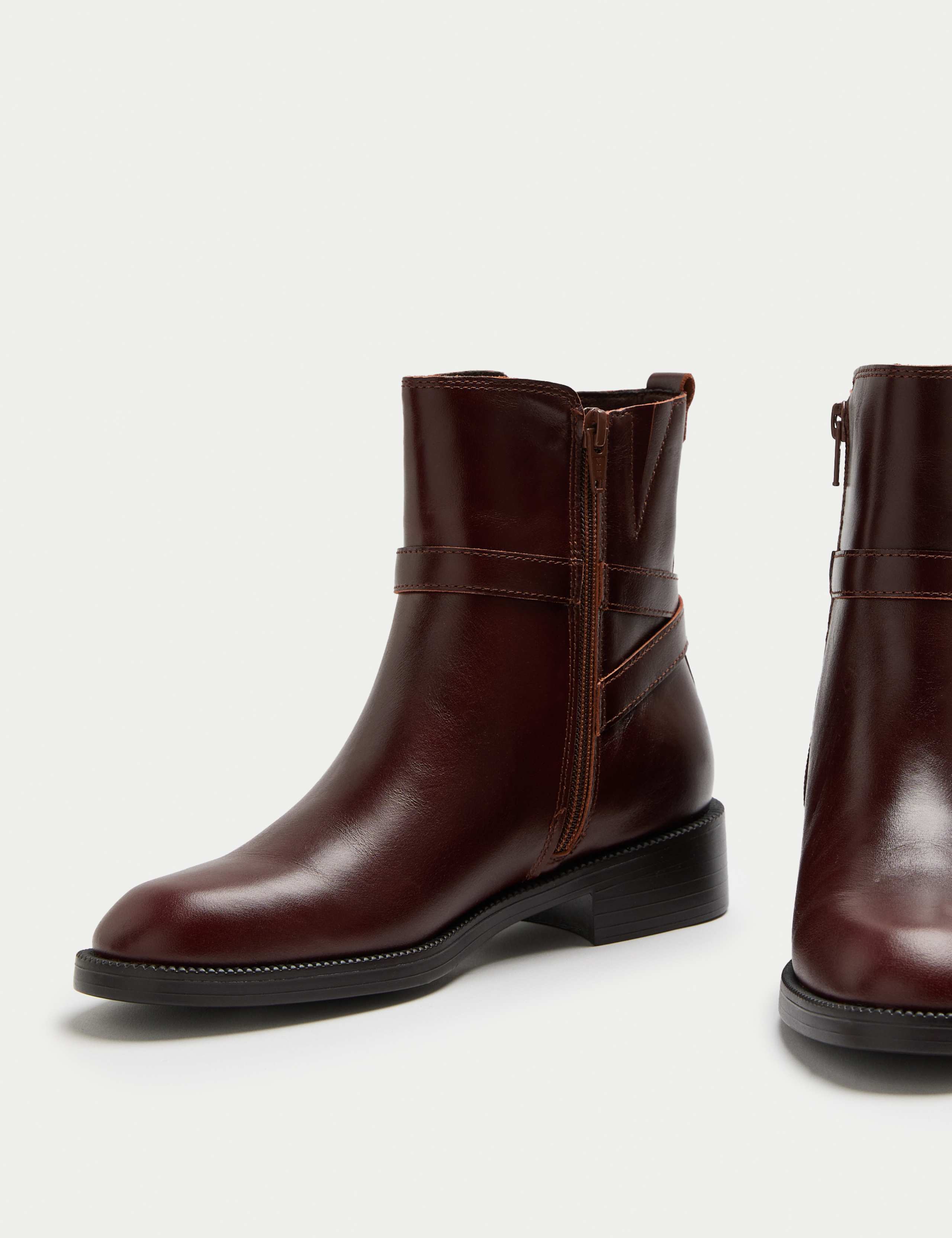 Leather Buckle Block Heel Ankle Boots