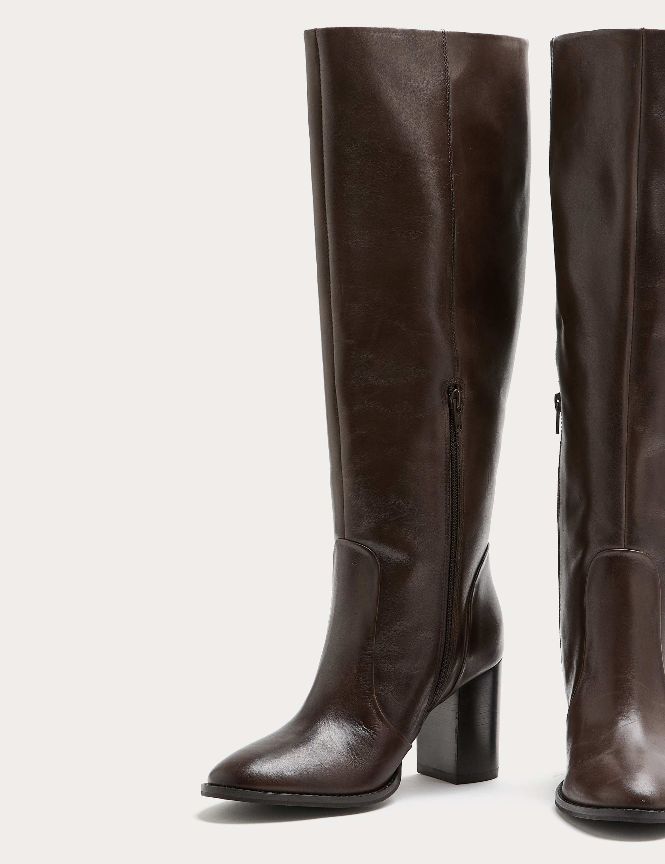 Leather Block Heel Knee High Boots