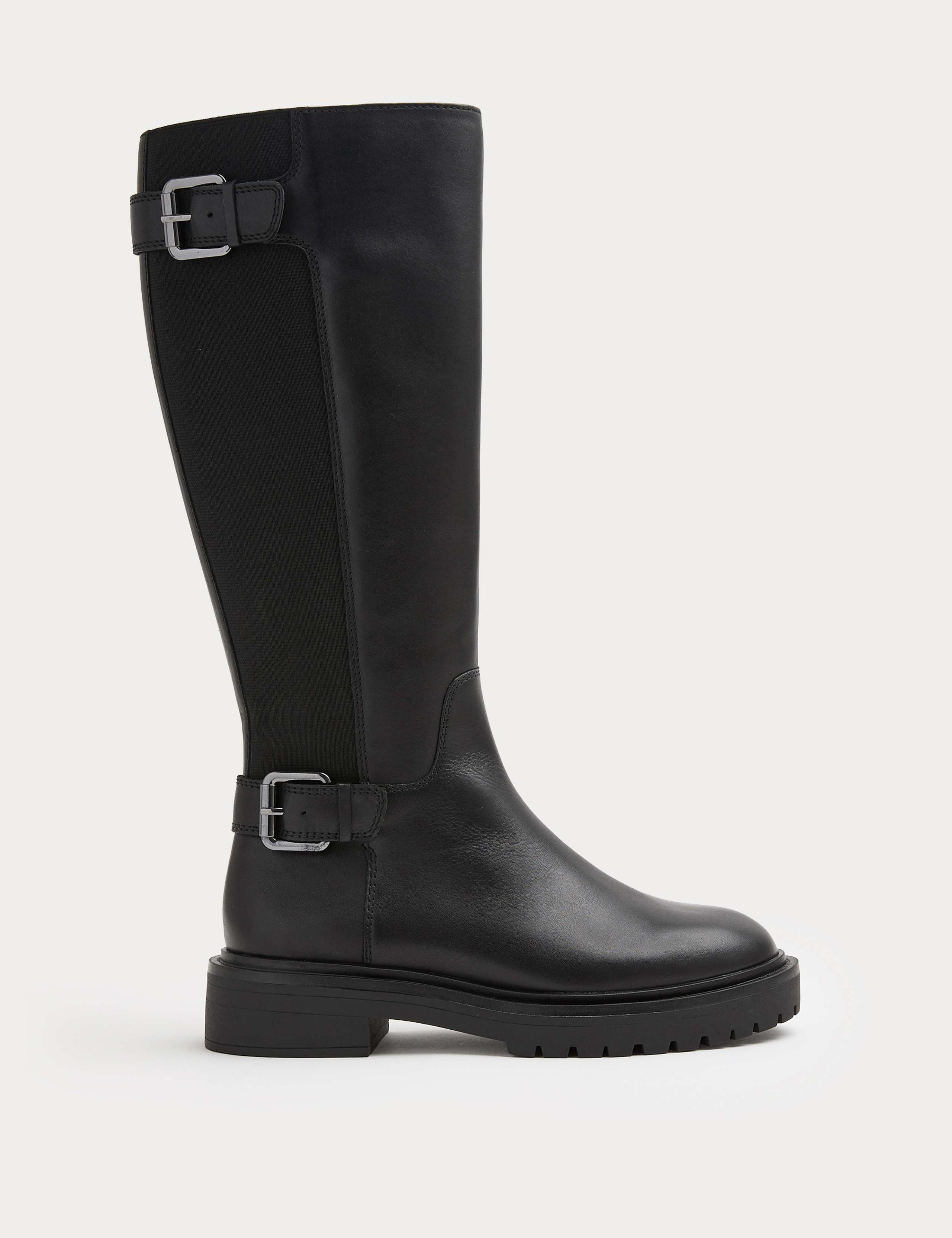 Wide Fit Leather Double Buckle Knee High Boots