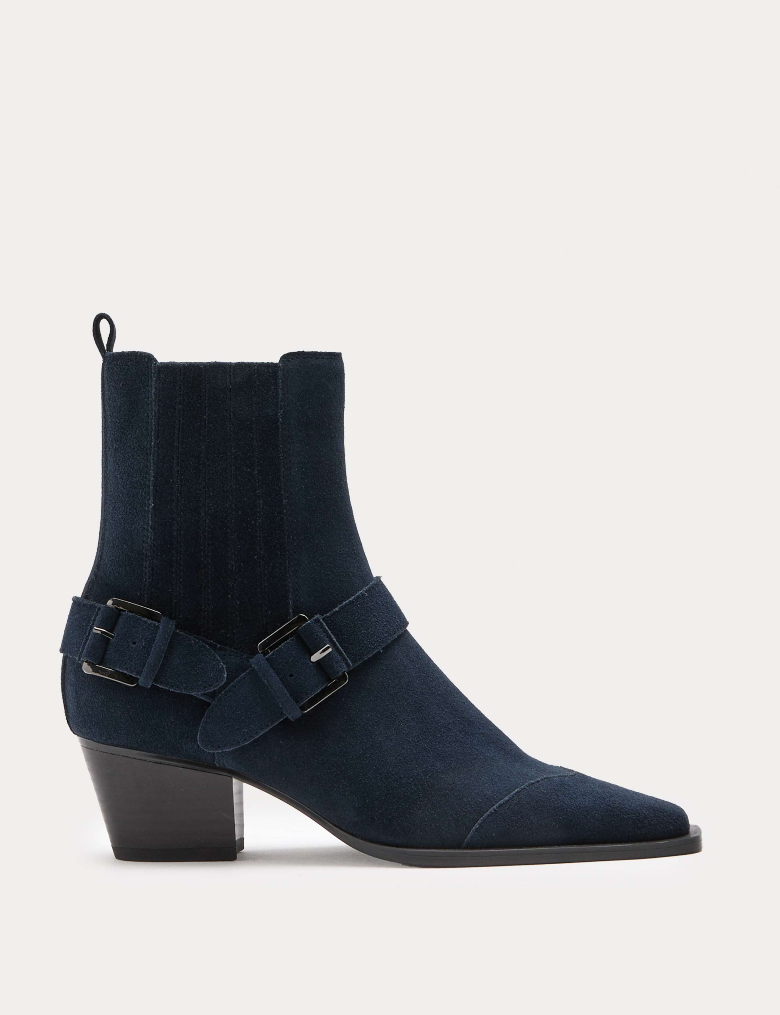 Suede Buckle Block Heel Chisel Toe Ankle Boots