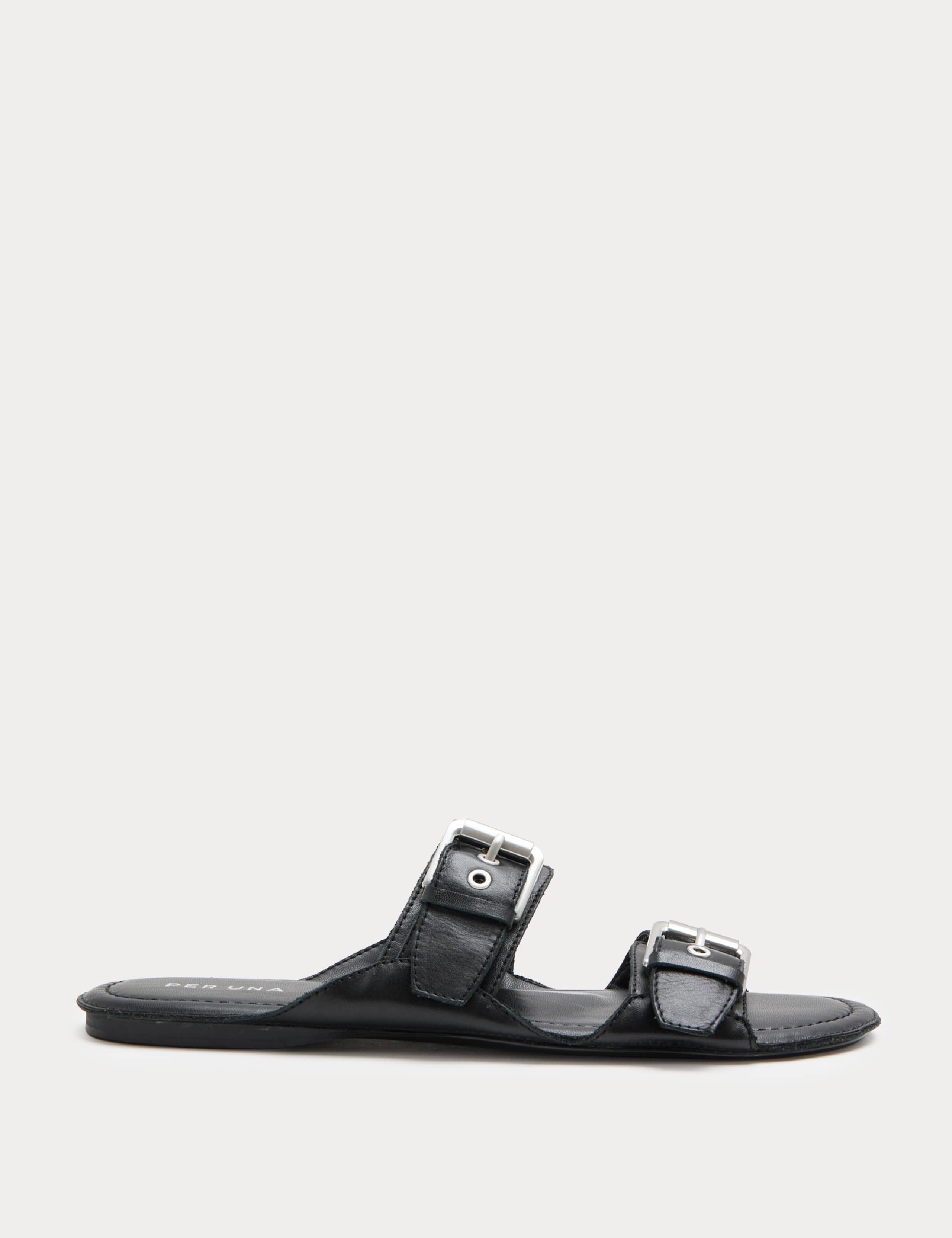 Leather Double Buckle Flat Sandal