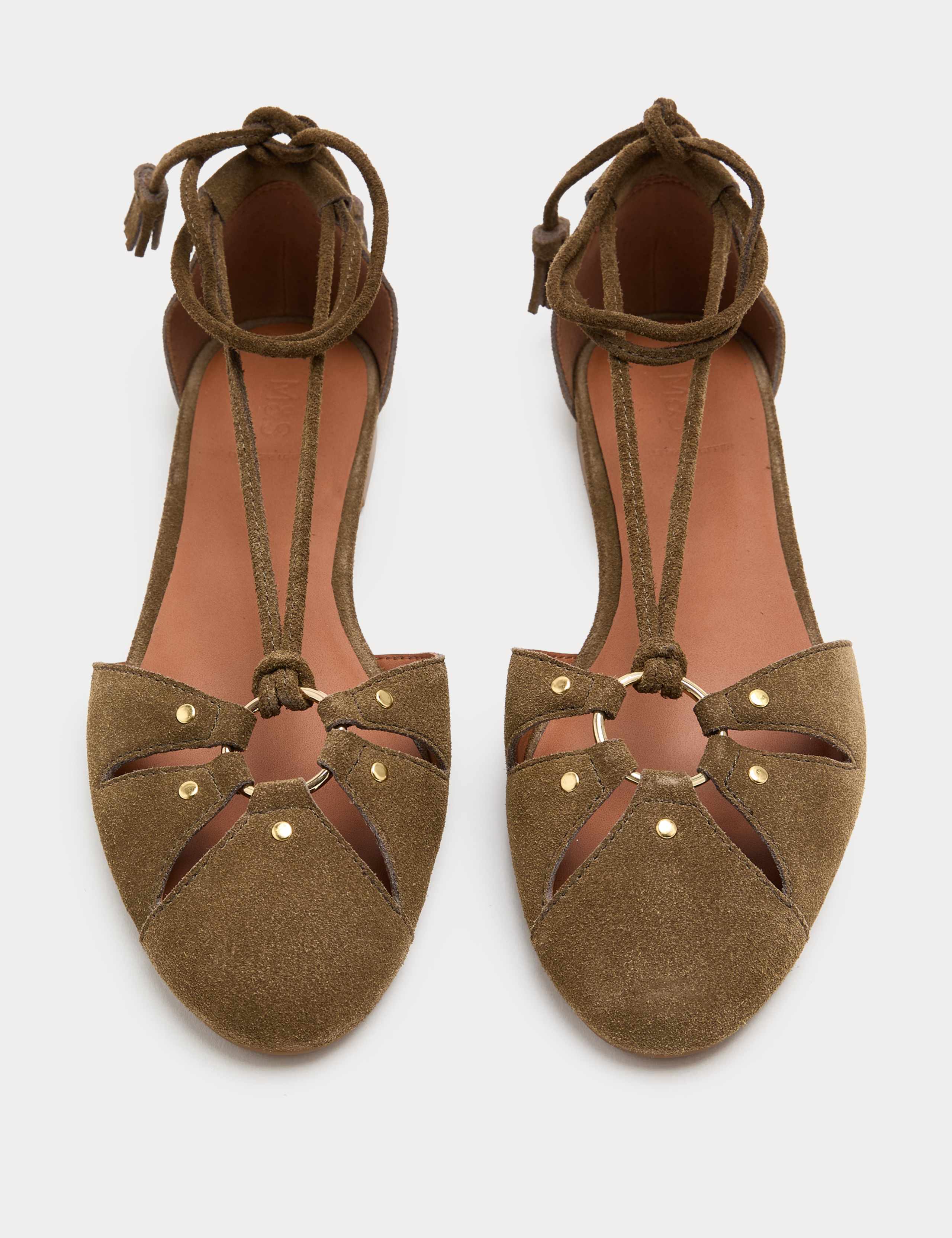 Suede Ring Detail Tie Up Flat Shoes