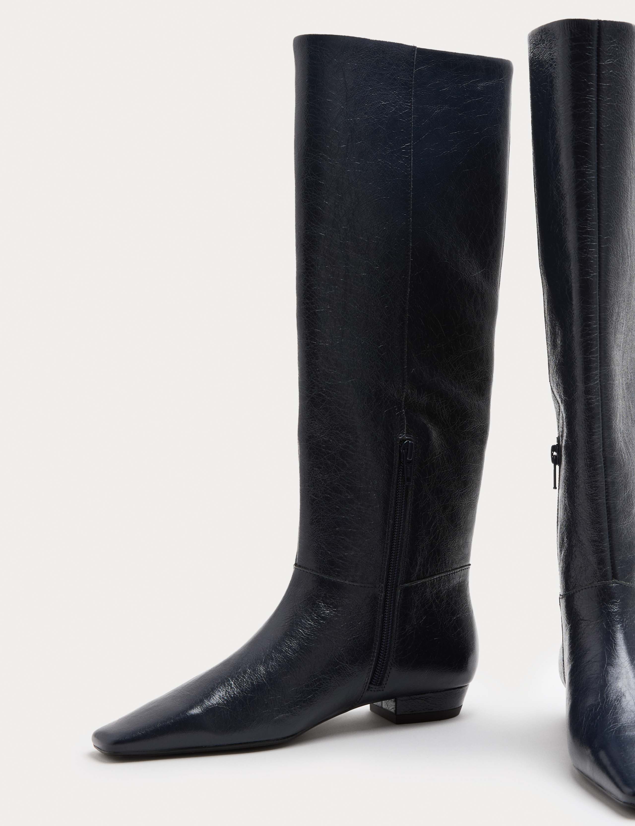 Leather Block Heel Chisel Toe Knee High Boots