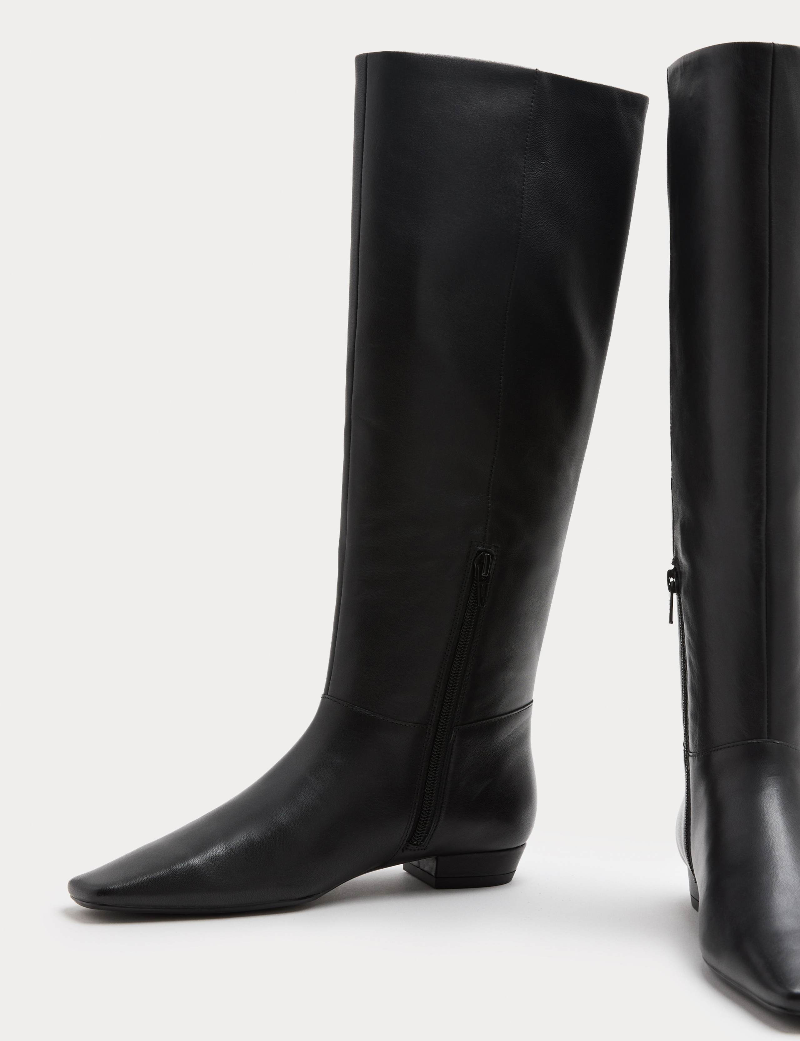 Leather Block Heel Chisel Toe Knee High Boots