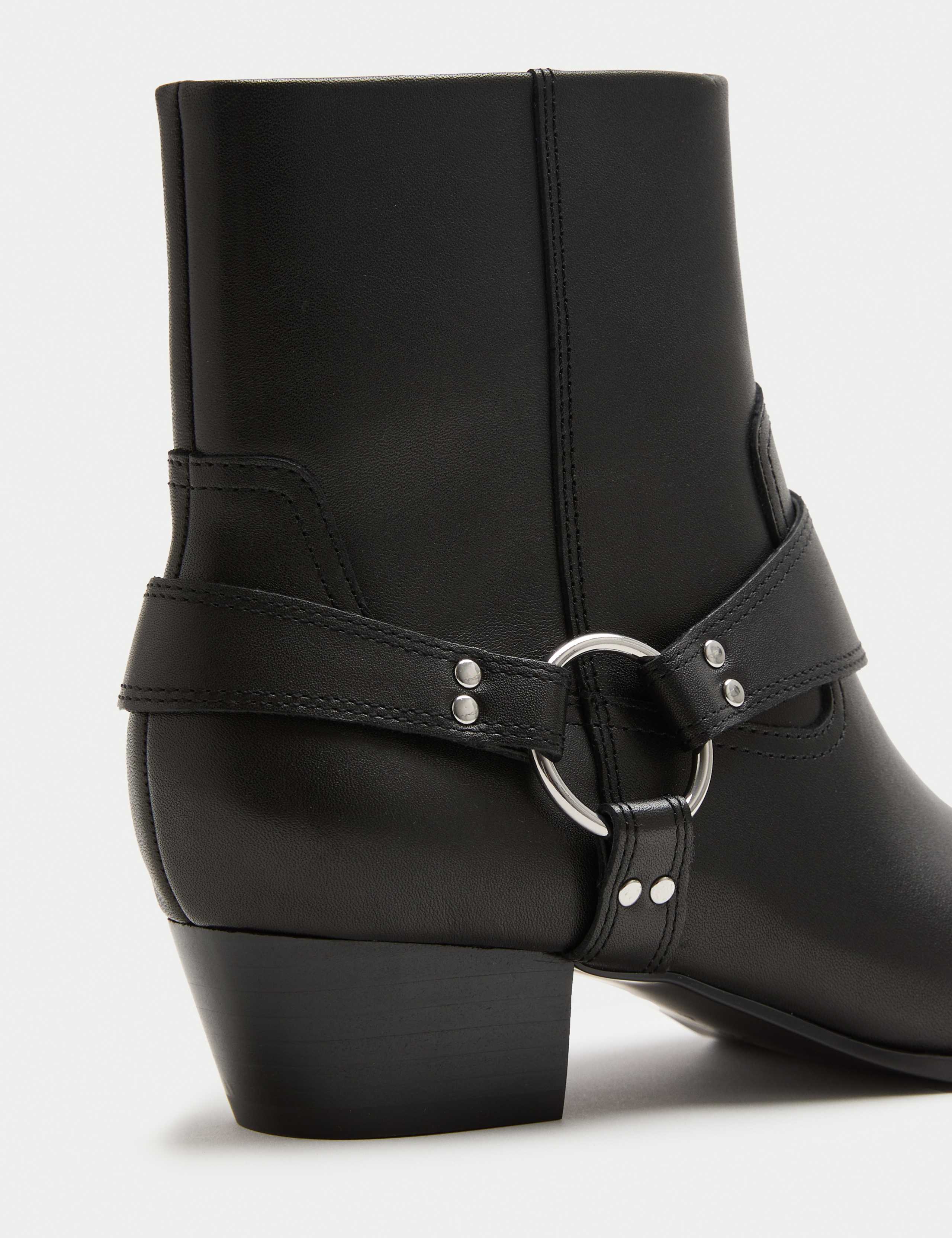 Leather Harness Square Toe Ankle Boots