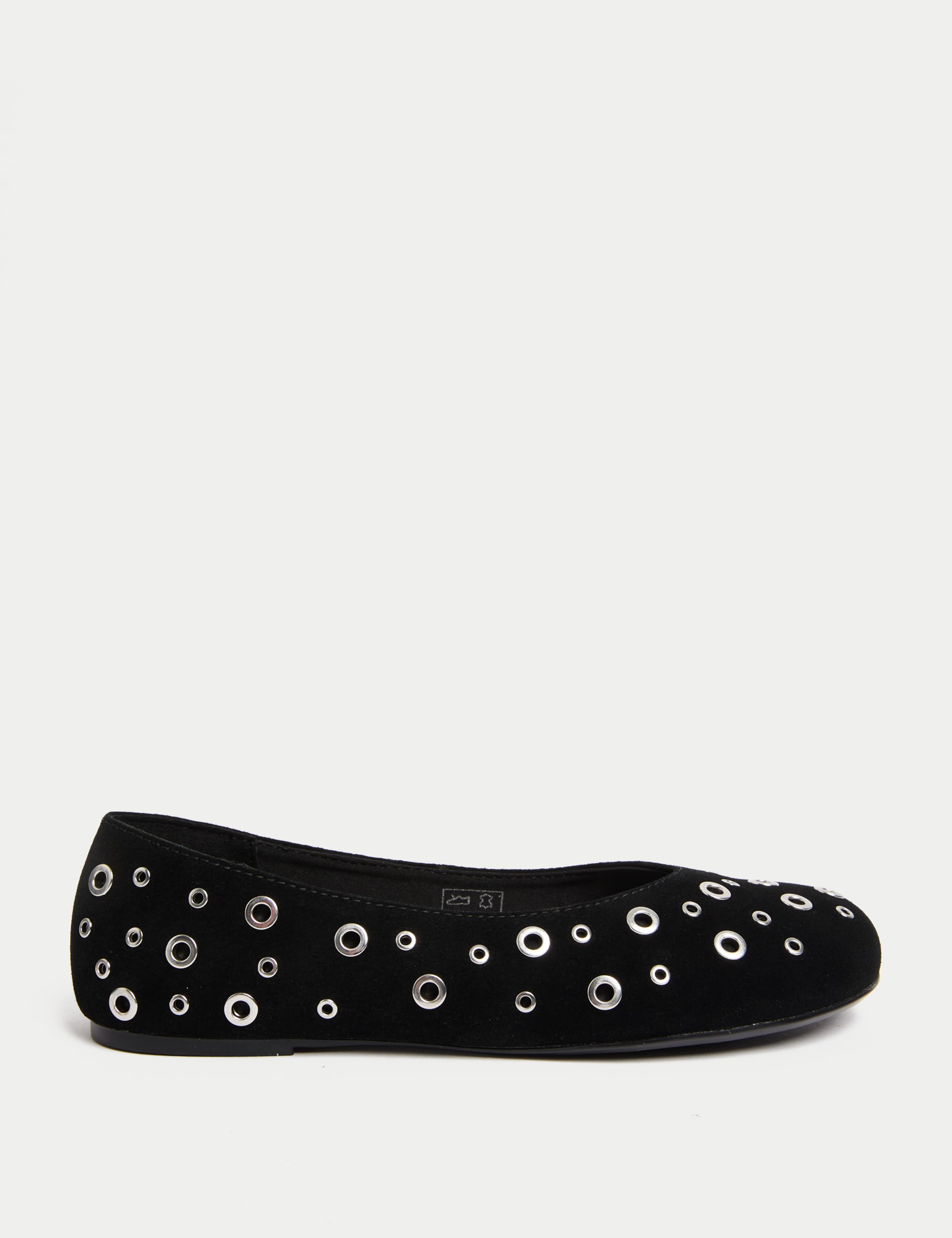 Suede Eyelet Studded Flat Ballet Pumps