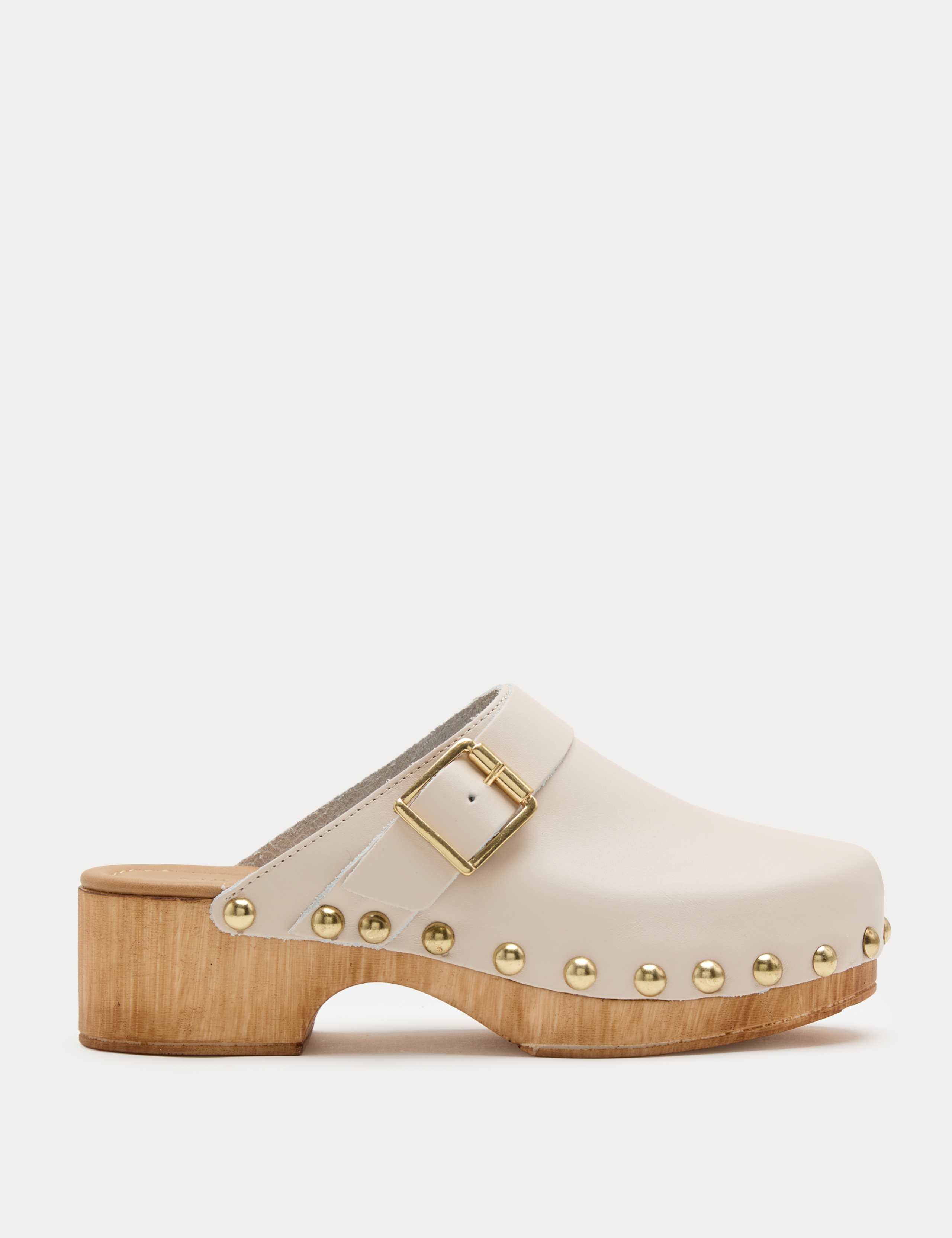 Leather Studded Buckle Block Heel Clogs