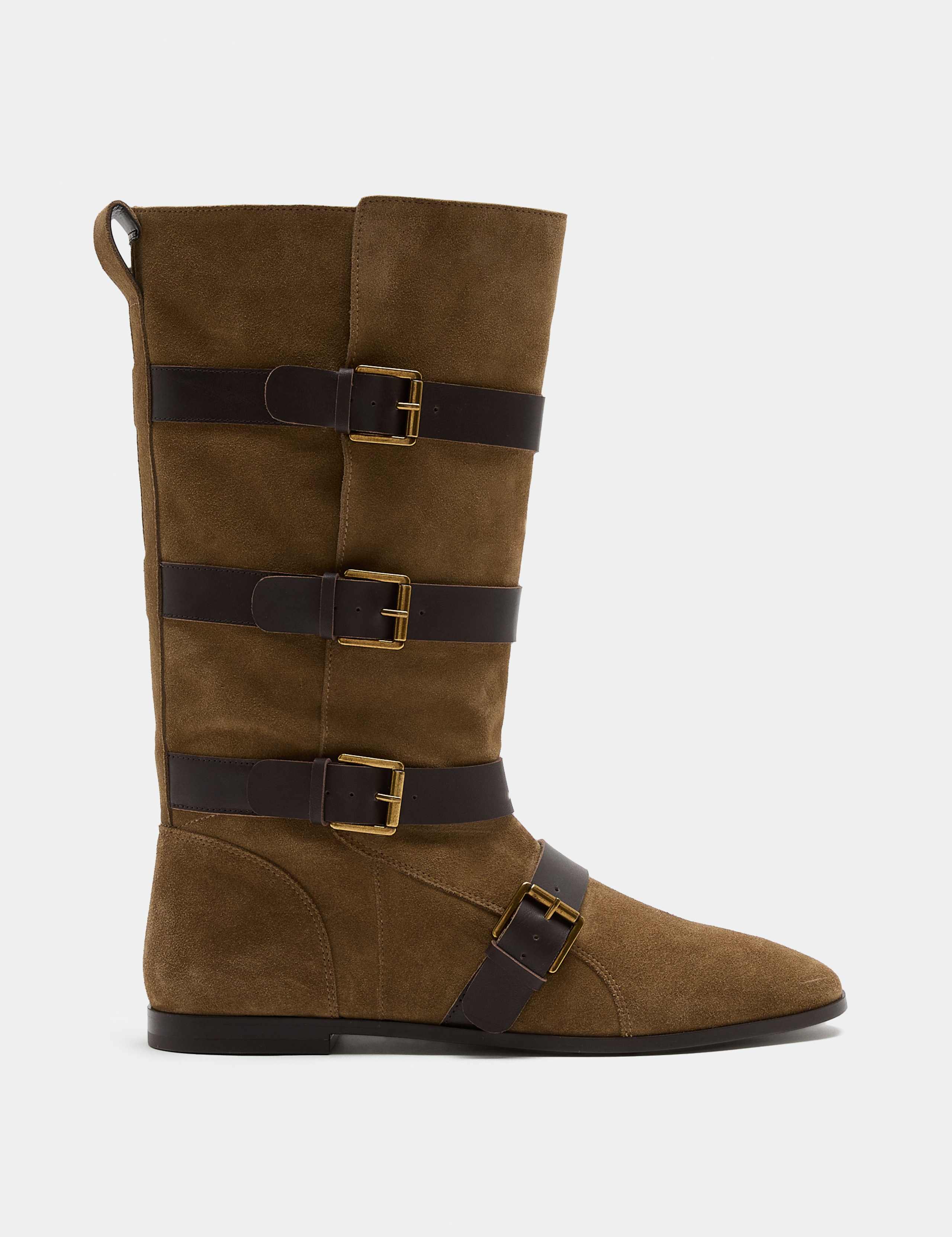 Suede Buckle Strap Mid Calf Flat Boots