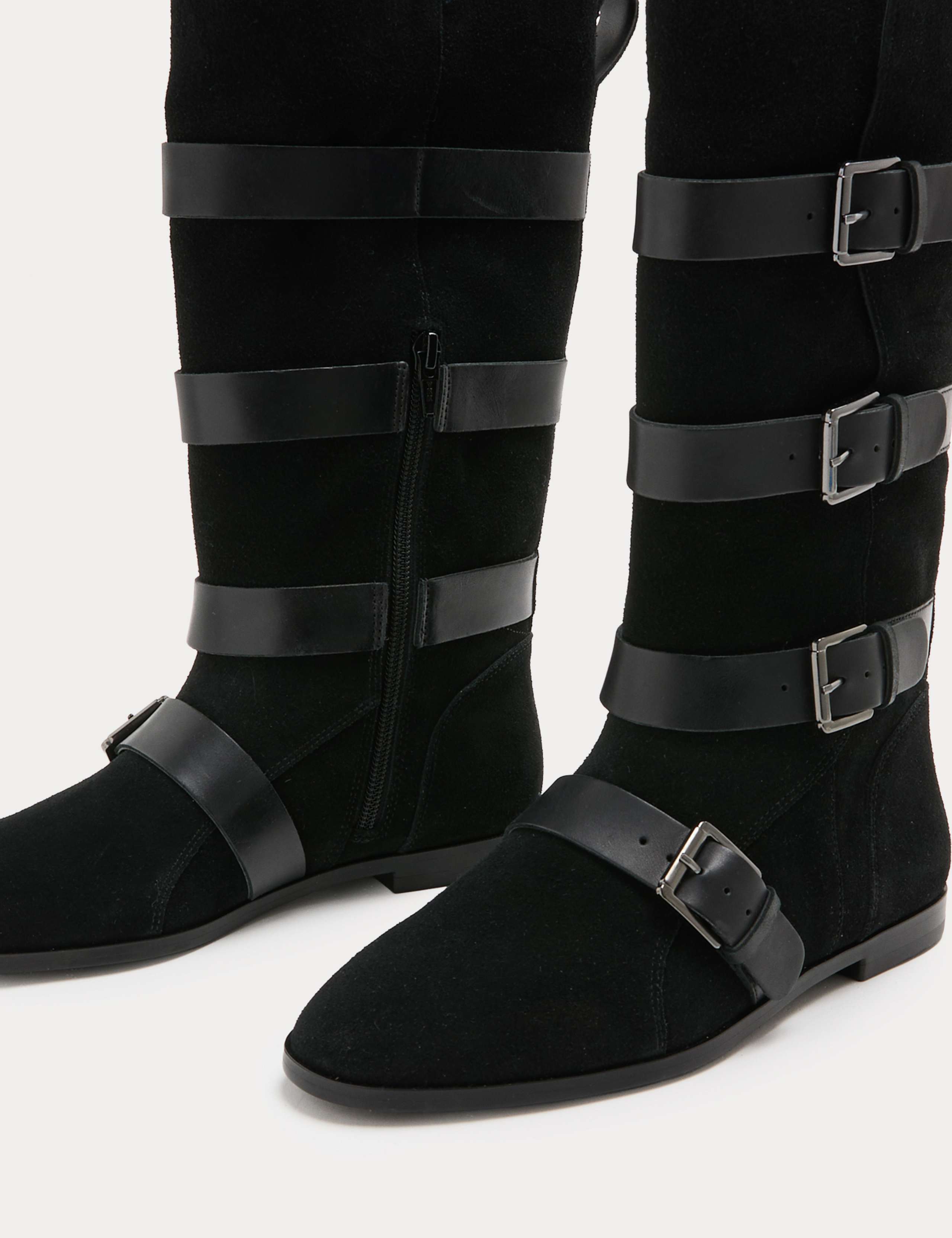 Suede Buckle Strap Mid Calf Flat Boots