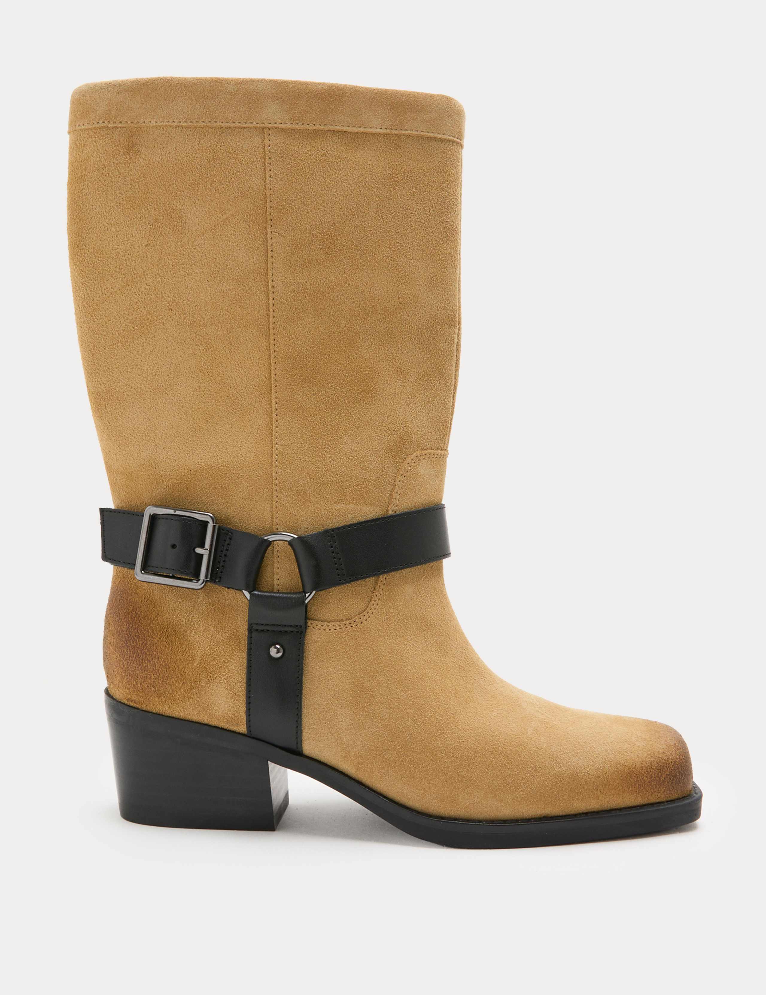 Suede Mid Calf Buckle Block Heel Boots