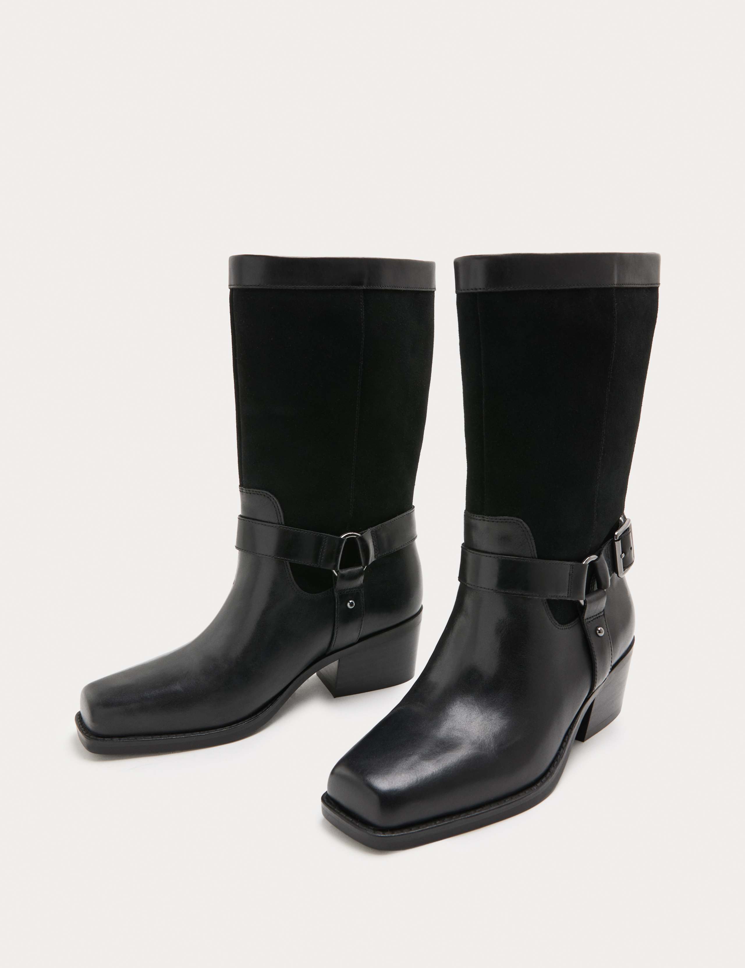 Leather Biker Buckle Block Heel Mid Calf Boots