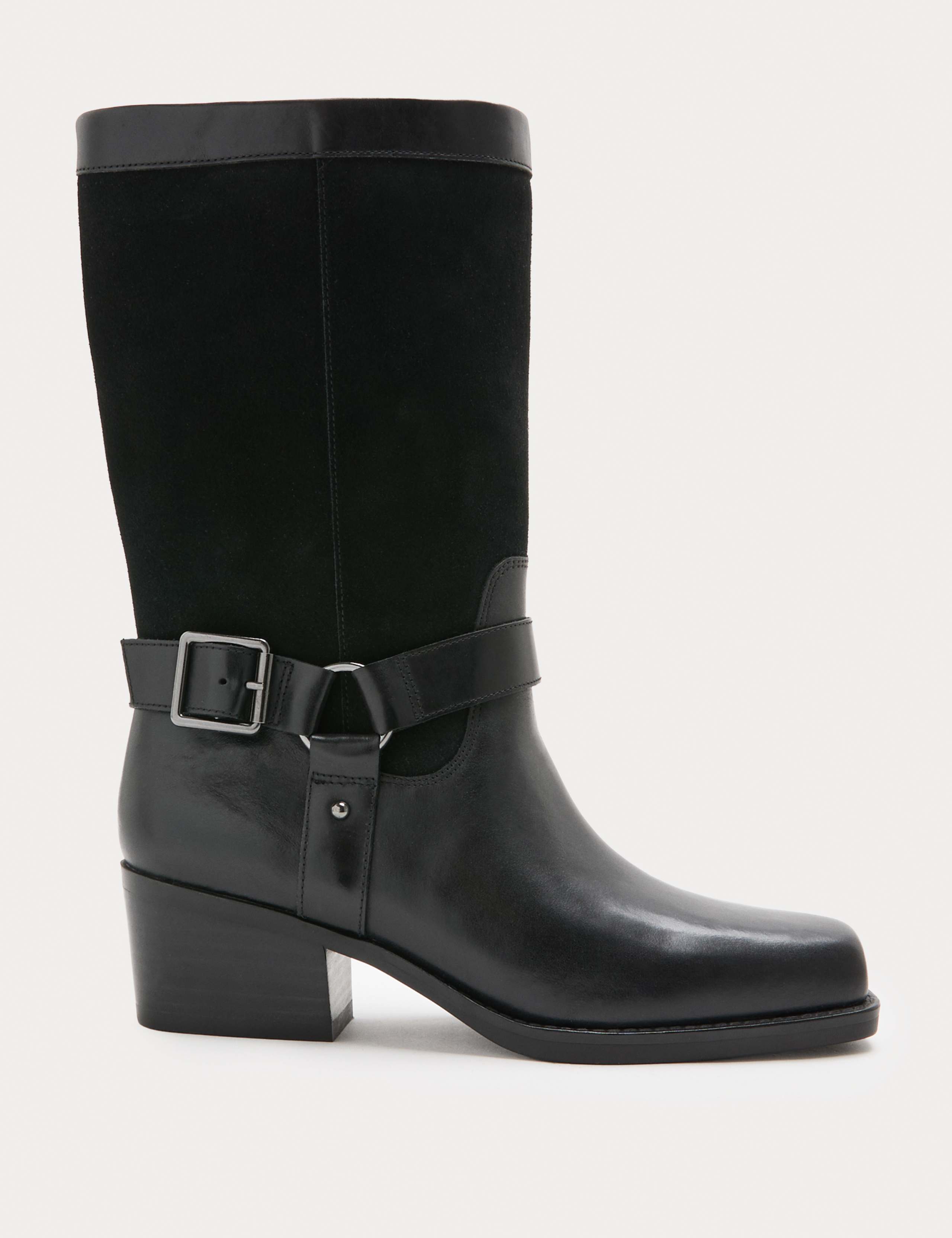Leather Biker Buckle Block Heel Mid Calf Boots