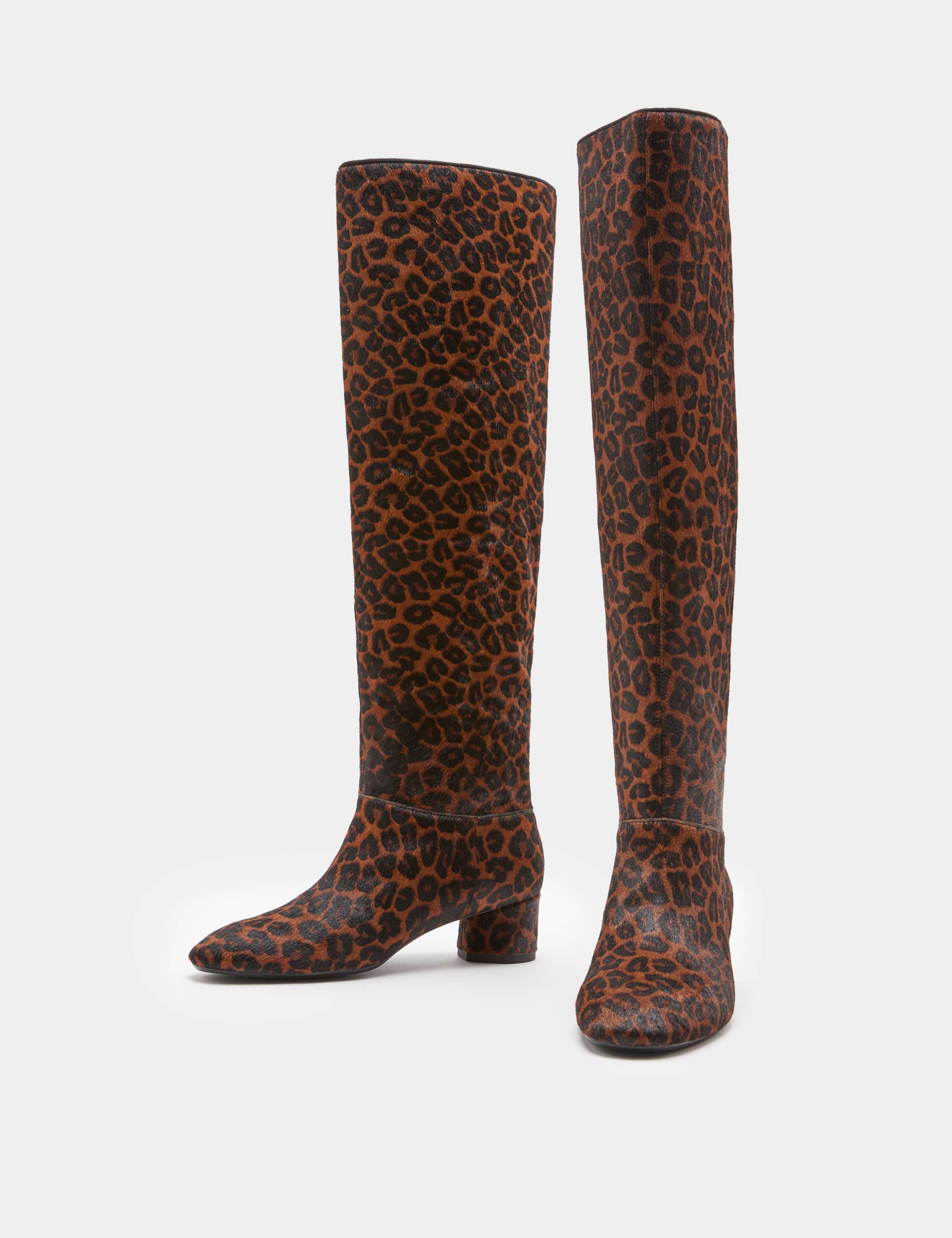 Leather Leopard Print Knee High Boots