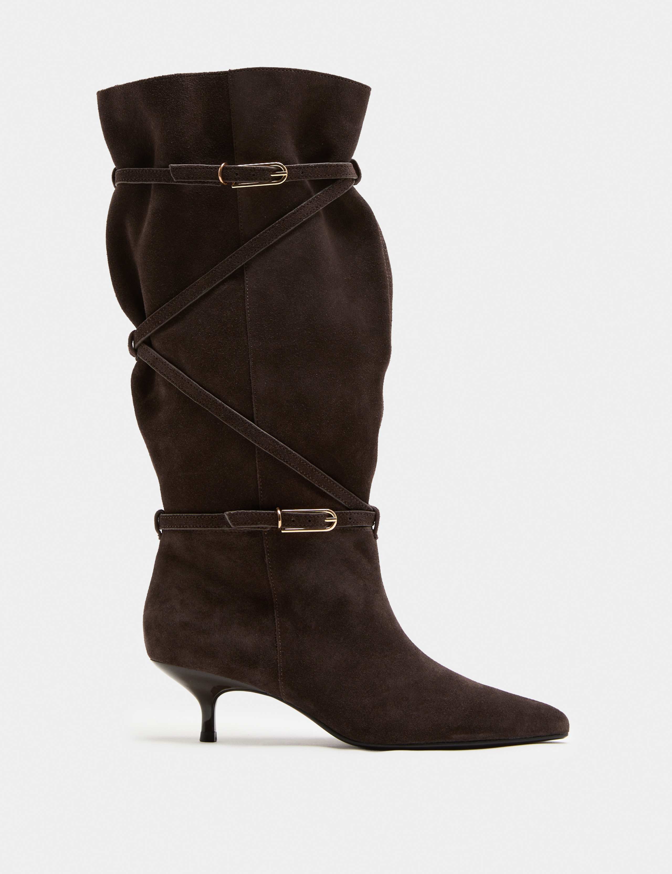 Suede Buckle Wrap Knee High Boots