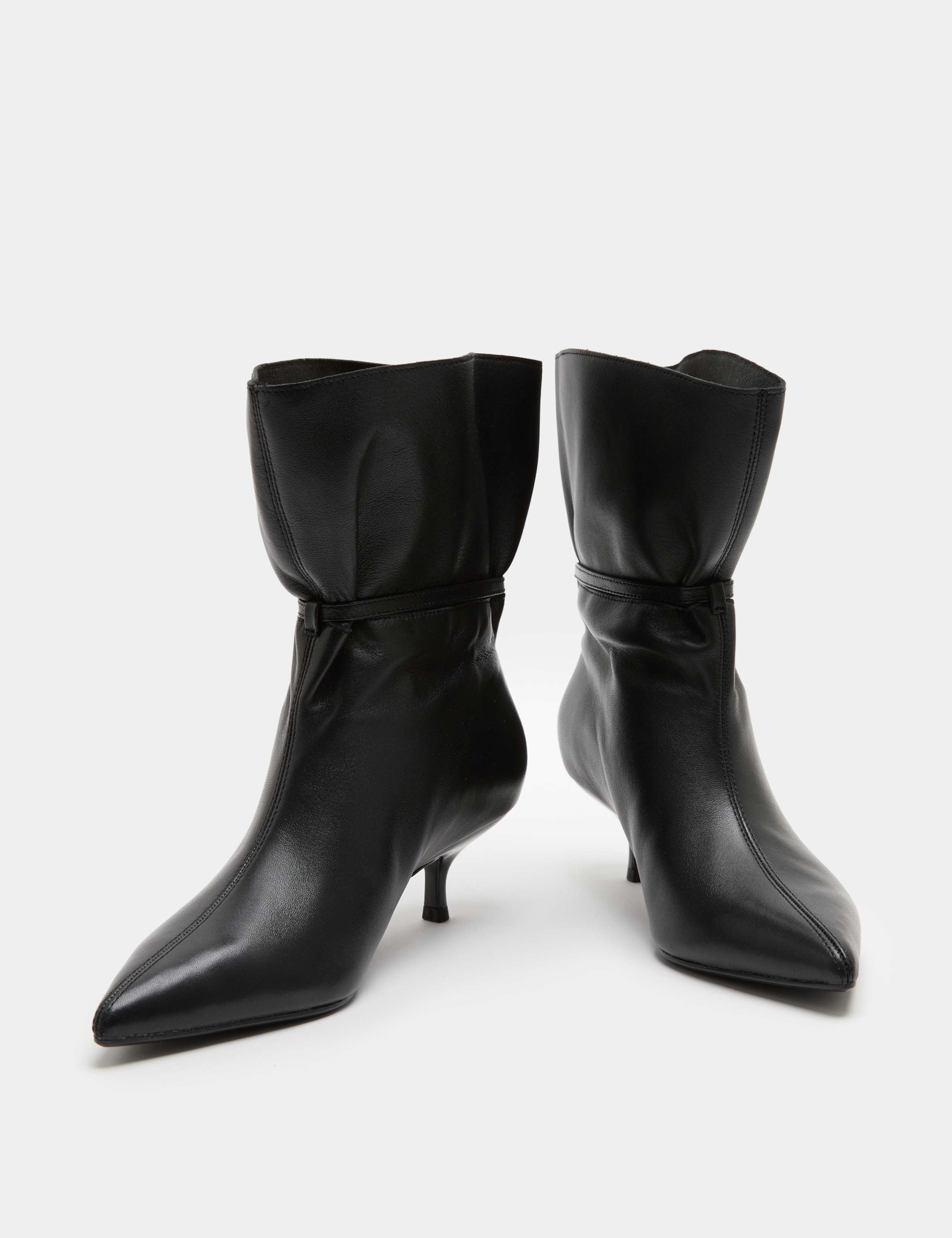 Leather Buckle Ruched Kitten Heel Boots