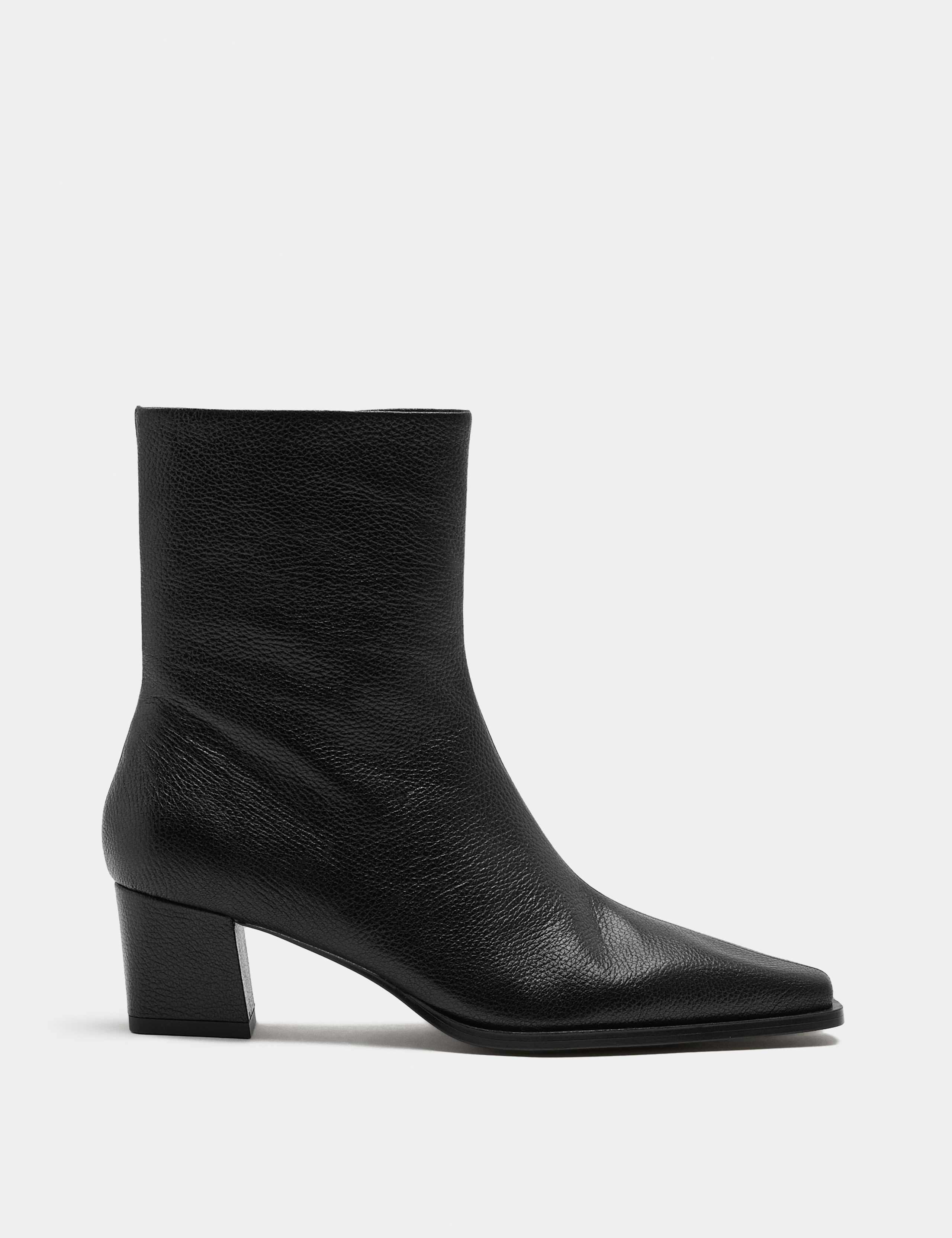 Leather Block Heel Chisel Toe Ankle Boots