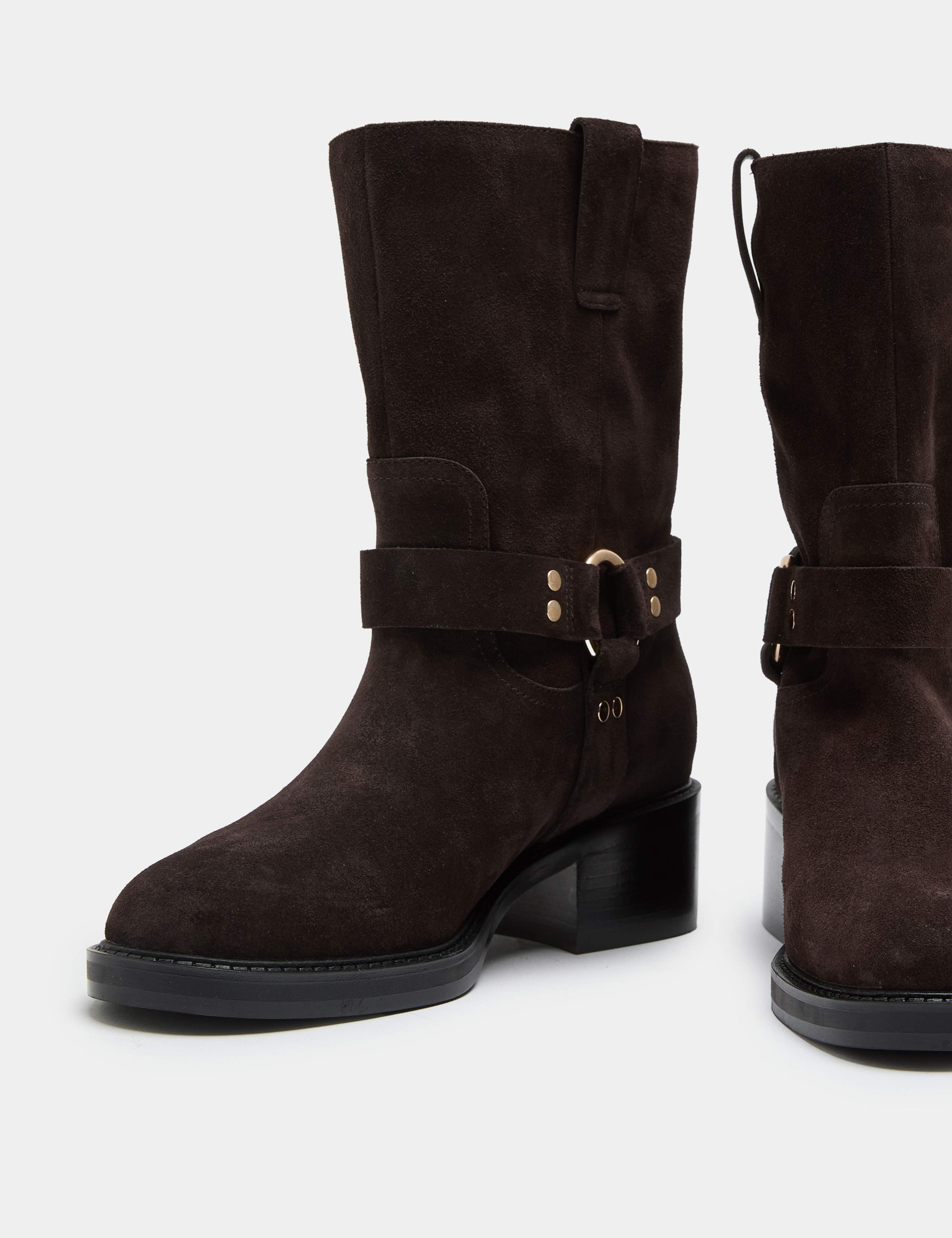 Suede Biker Block Heel Mid Calf Boots
