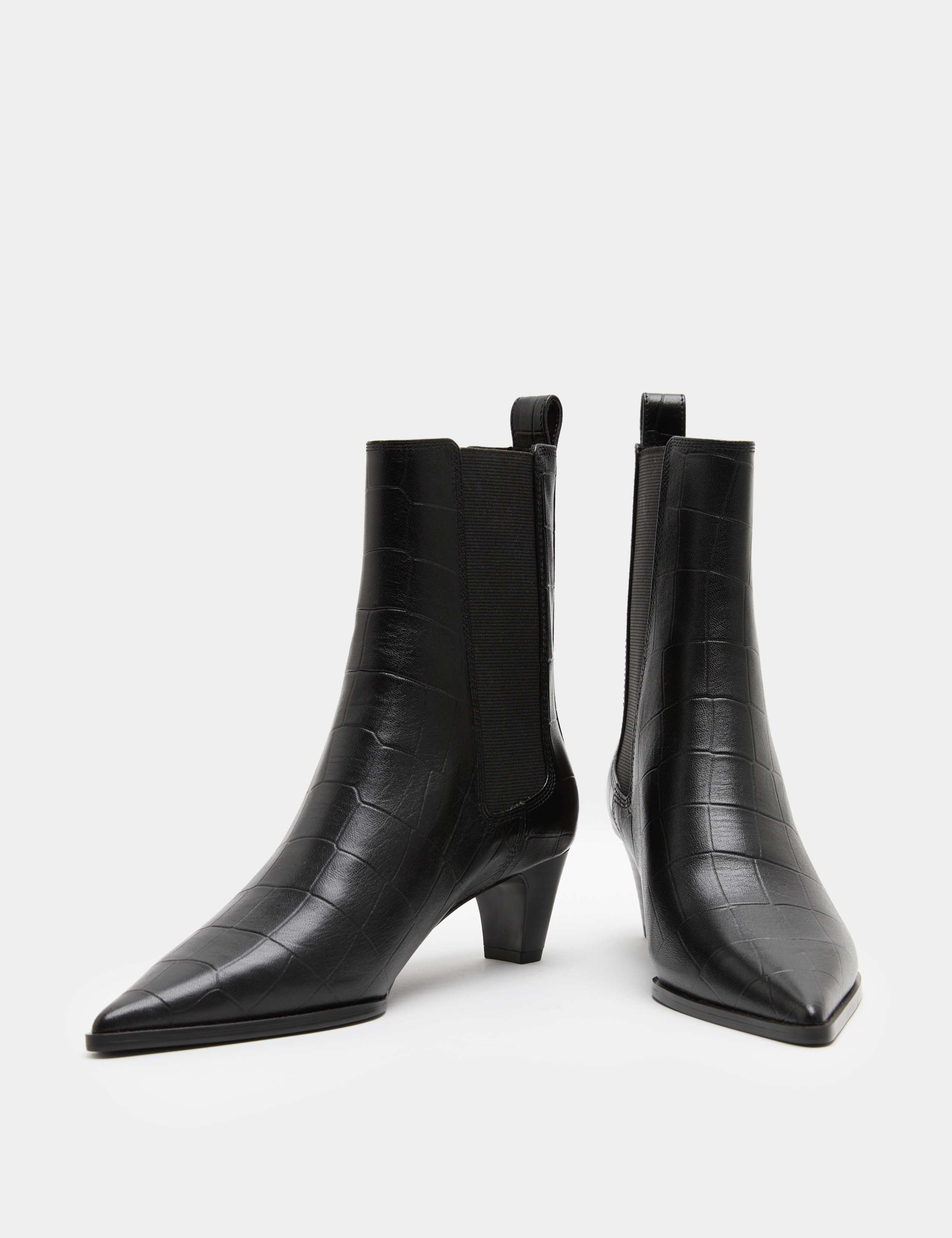 Leather Croc Chelsea Block Heel Ankle Boots