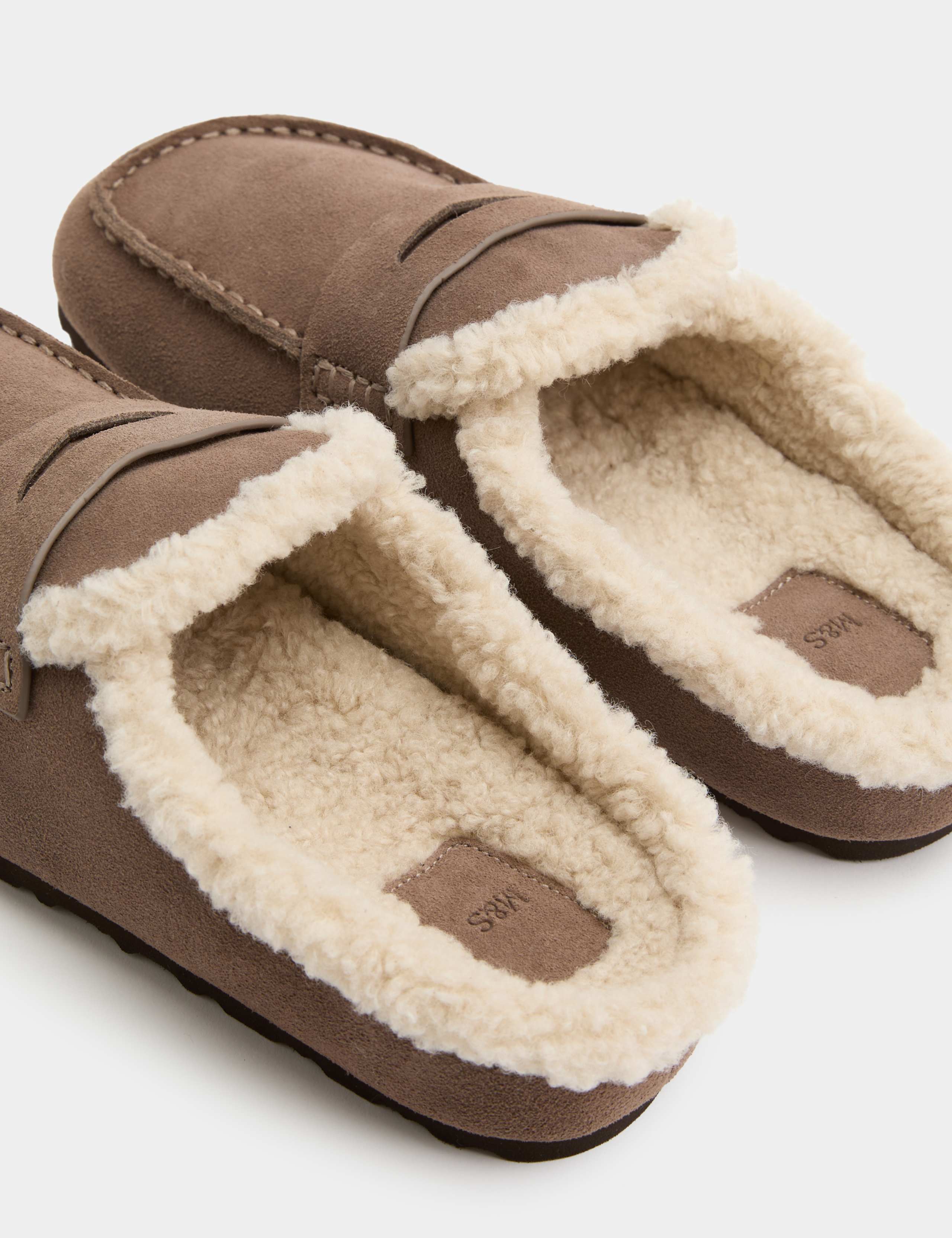 Suede Faux Fur Lined Round Toe Mule Slippers