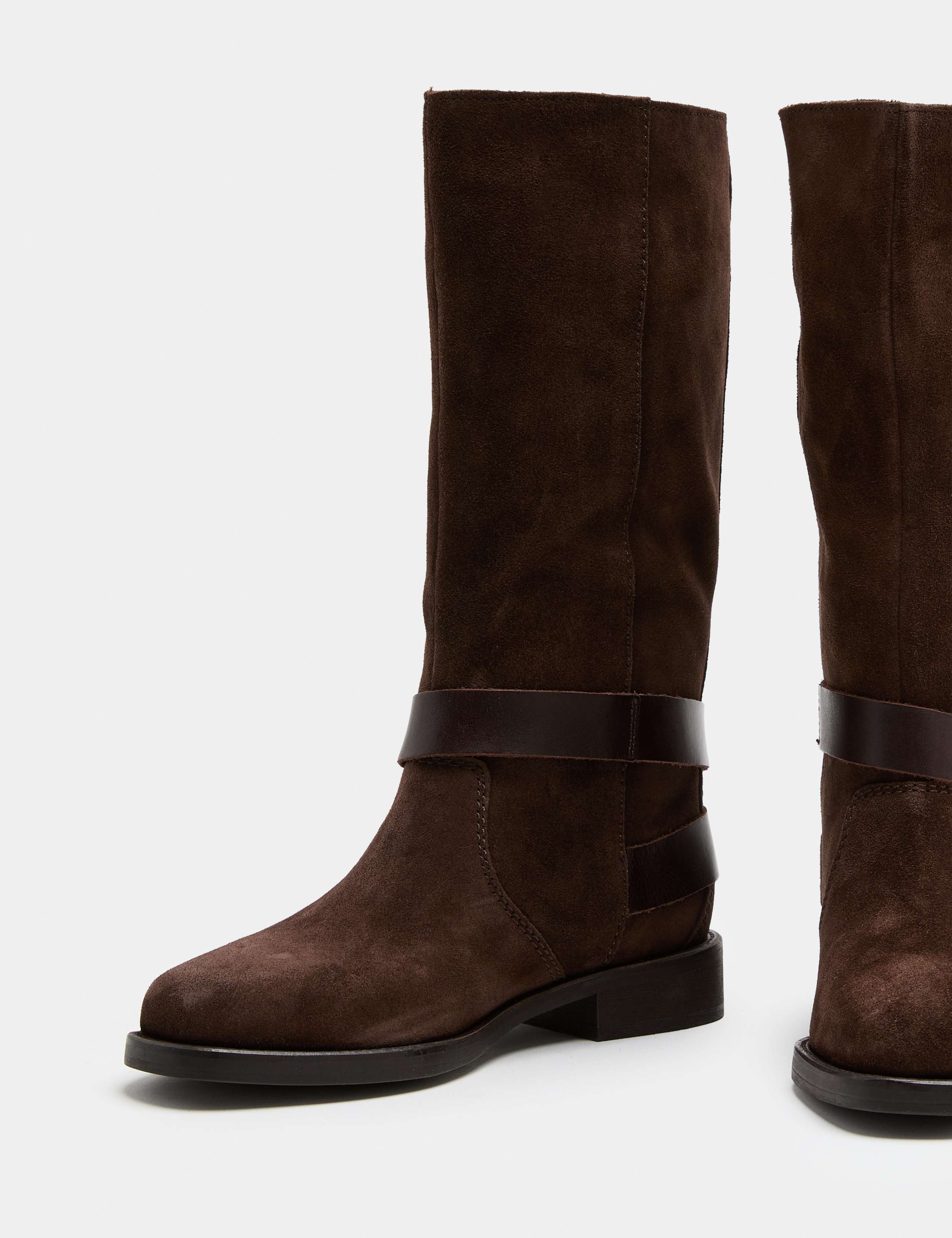 Suede Biker Buckle Block Heel Mid Calf Boots