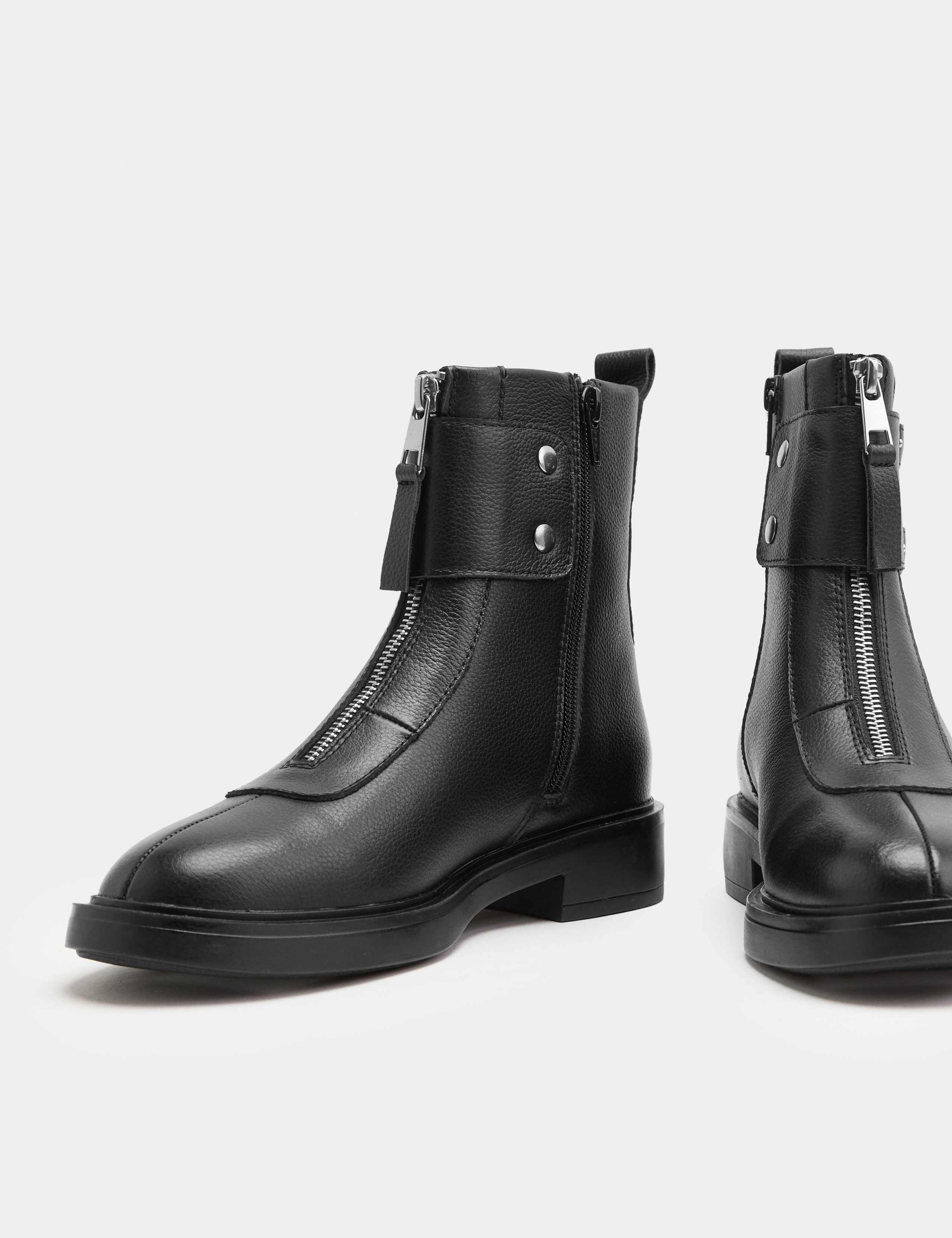 Leather Biker Buckle Block Heel Round Toe Boot